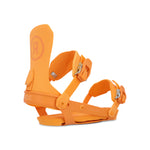 Ride Women's AL-6 Snowboard Binding - A bright orange snowboard binding with a large "A" logo on top of the left boot strap and a smaller "RIDE" logo on the right side of the baseplate.