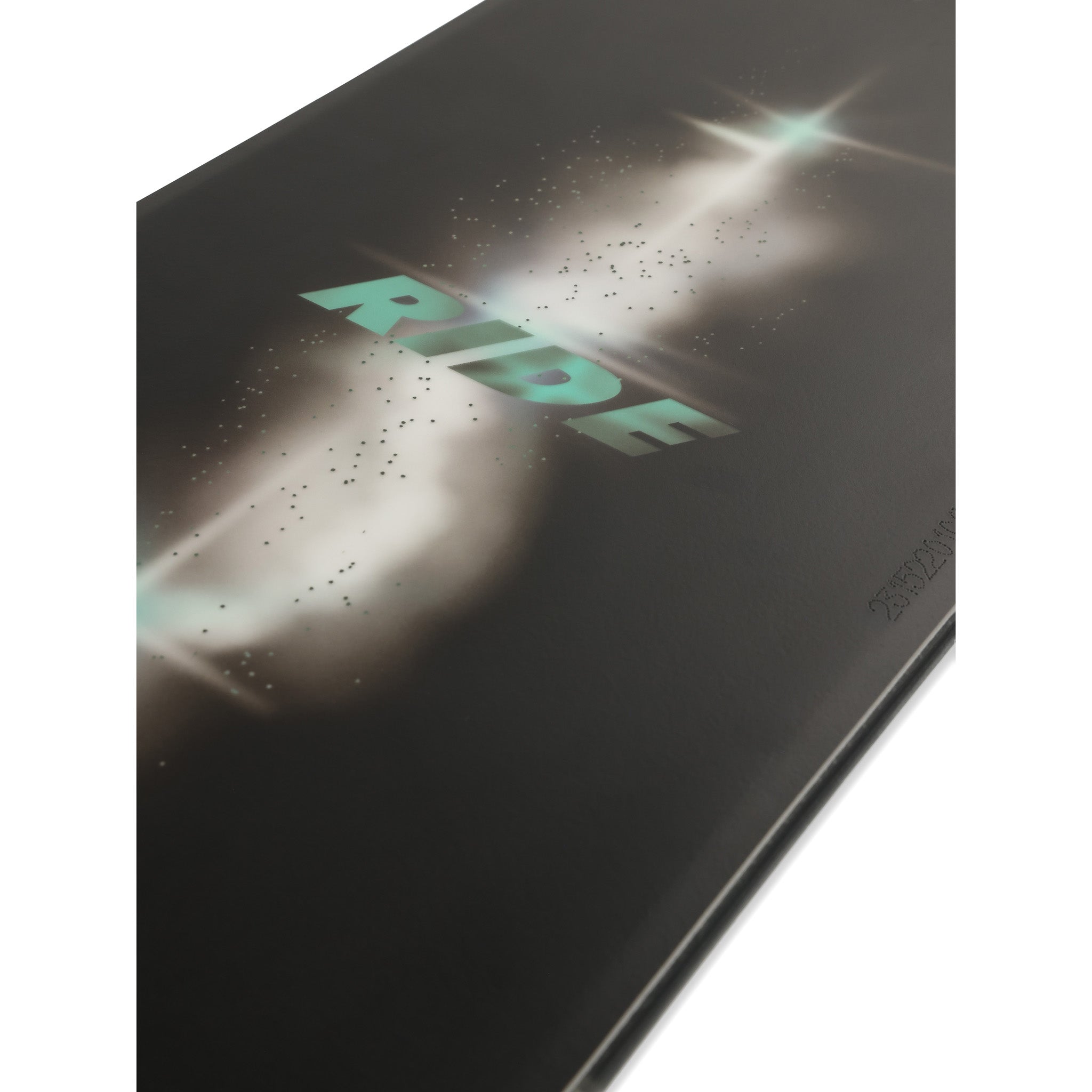 Ride Algorhythm Snowboard 2025 - A black snowboard with a white and green logo on top, featuring a stylized "A" shape design.