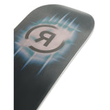 Ride Algorhythm Snowboard 2025 - A black snowboard with a white logo featuring a stylized "A" and "R" intertwined, set against a blue background.