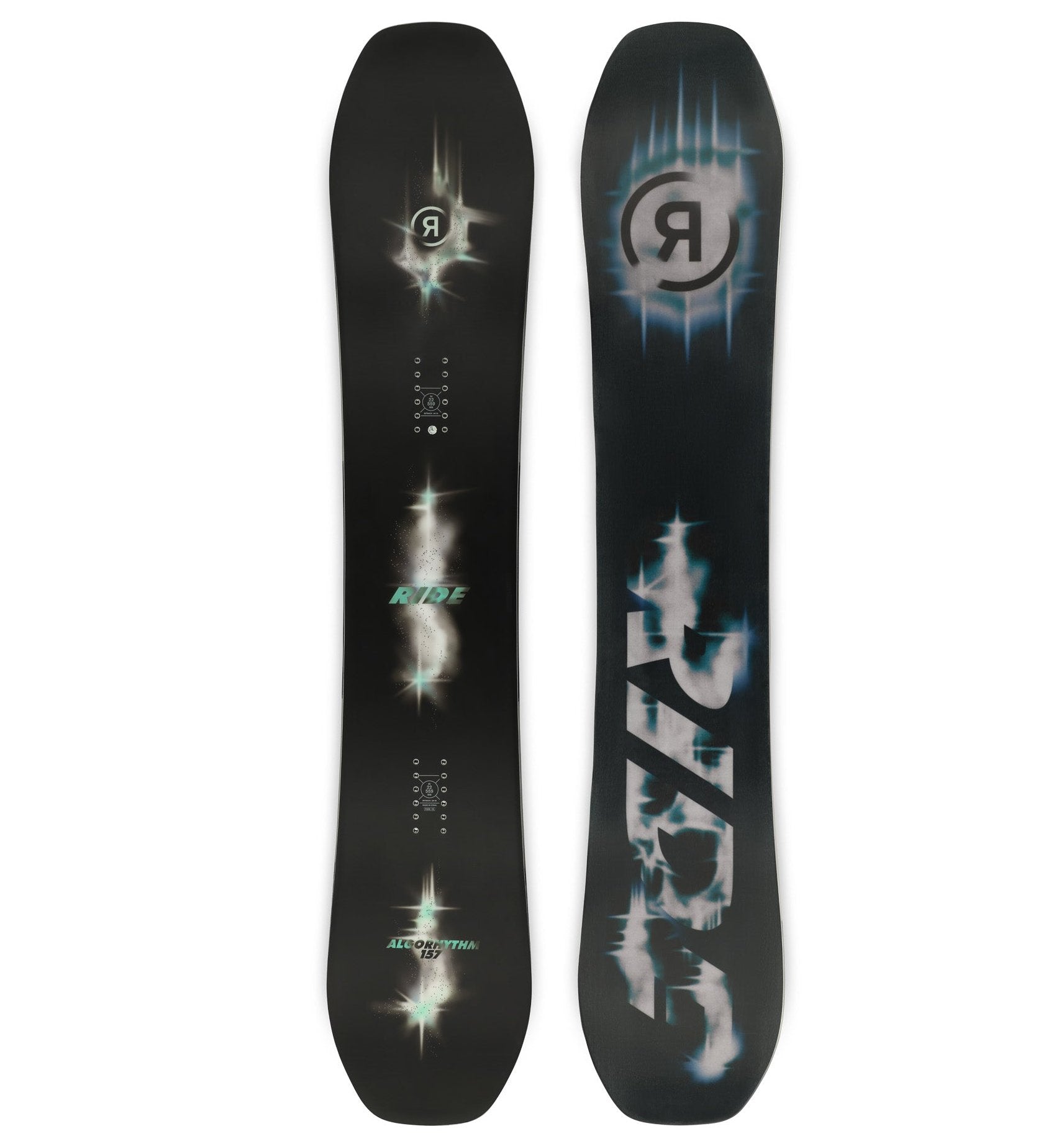 Ride Algorhythm Snowboard 2025 - Black snowboard with white and blue abstract design on top sheet.