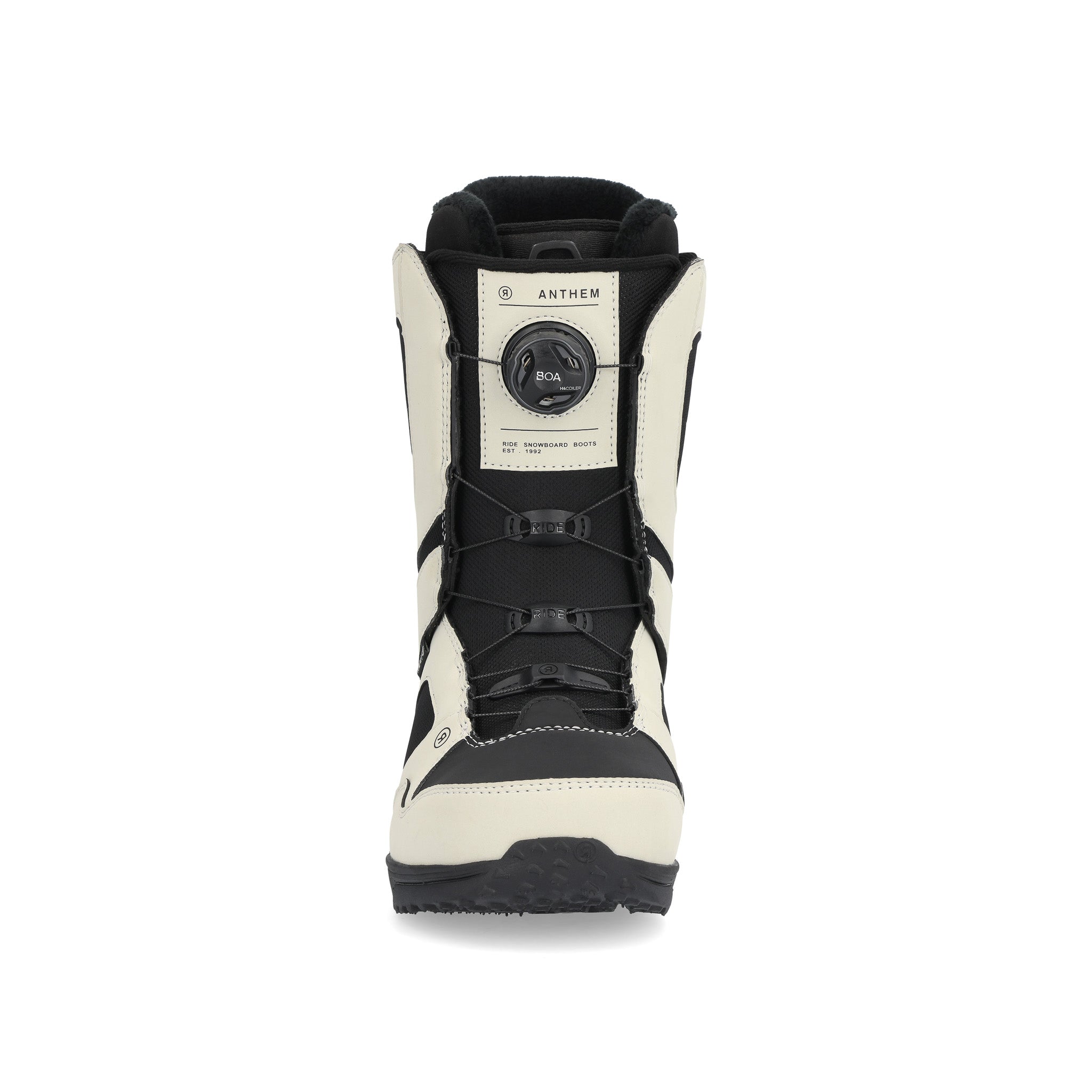 Ride Anthem Snowboard Boot 2025 - Black snowboard boot with white accents and a black BOA dial on the side.