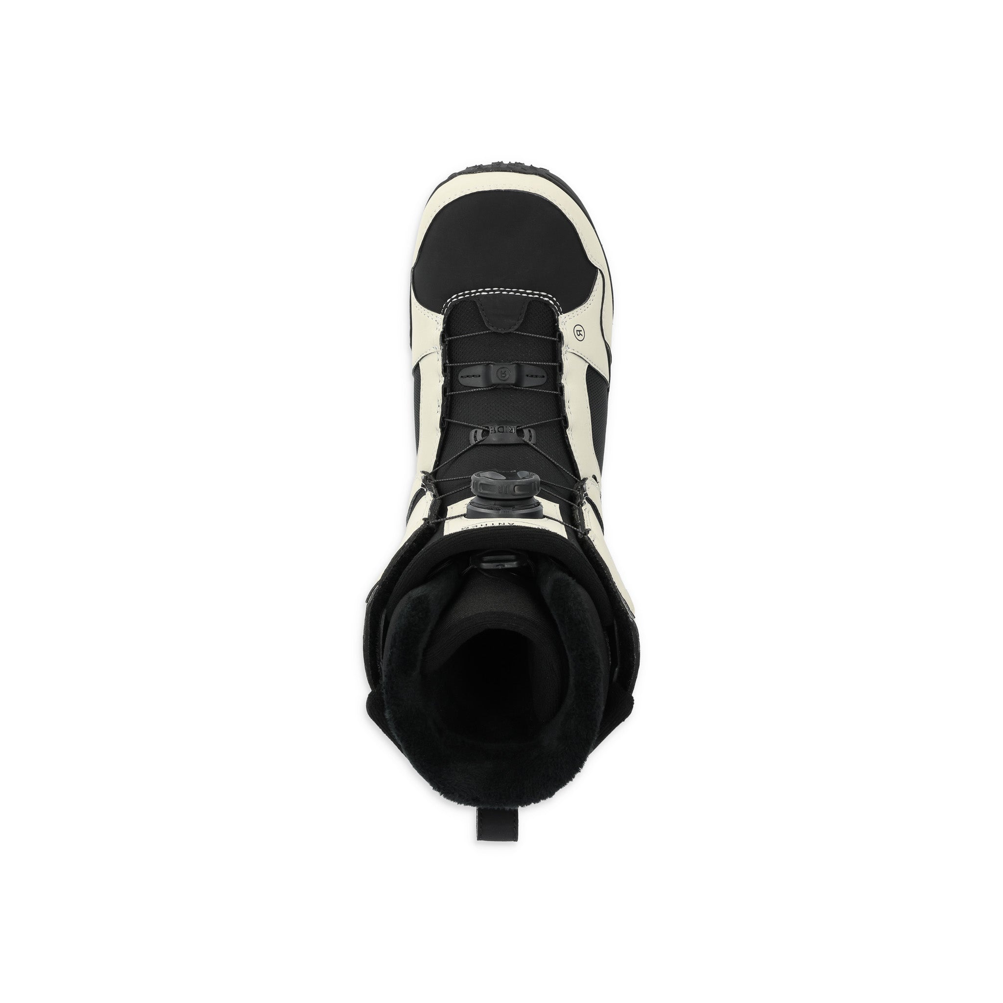 Ride Anthem Snowboard Boot 2025 - A black snowboard boot with white accents and a black strap across the top.