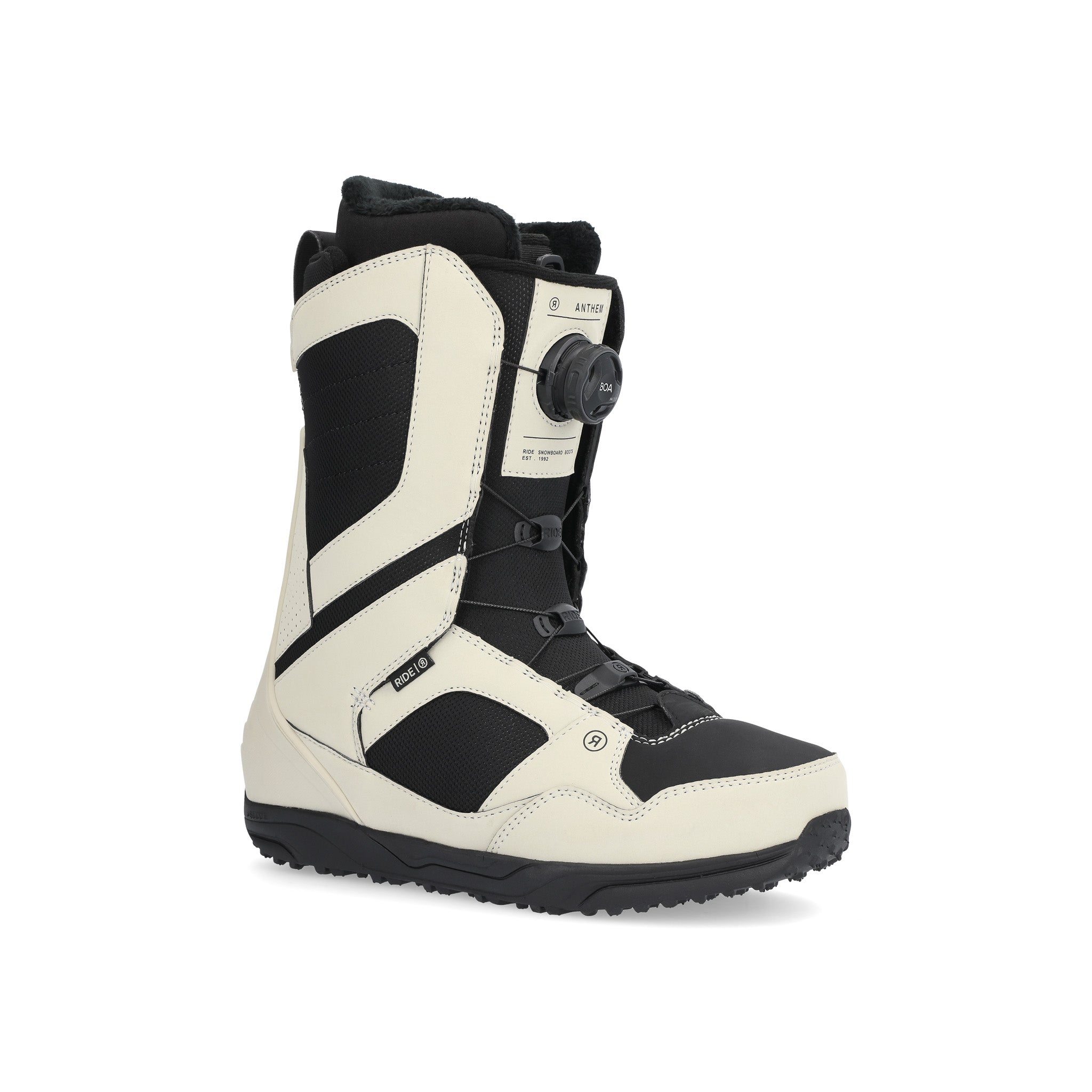 Ride Anthem Snowboard Boot 2025 - Black snowboard boots with white accents and a black strap on the side.