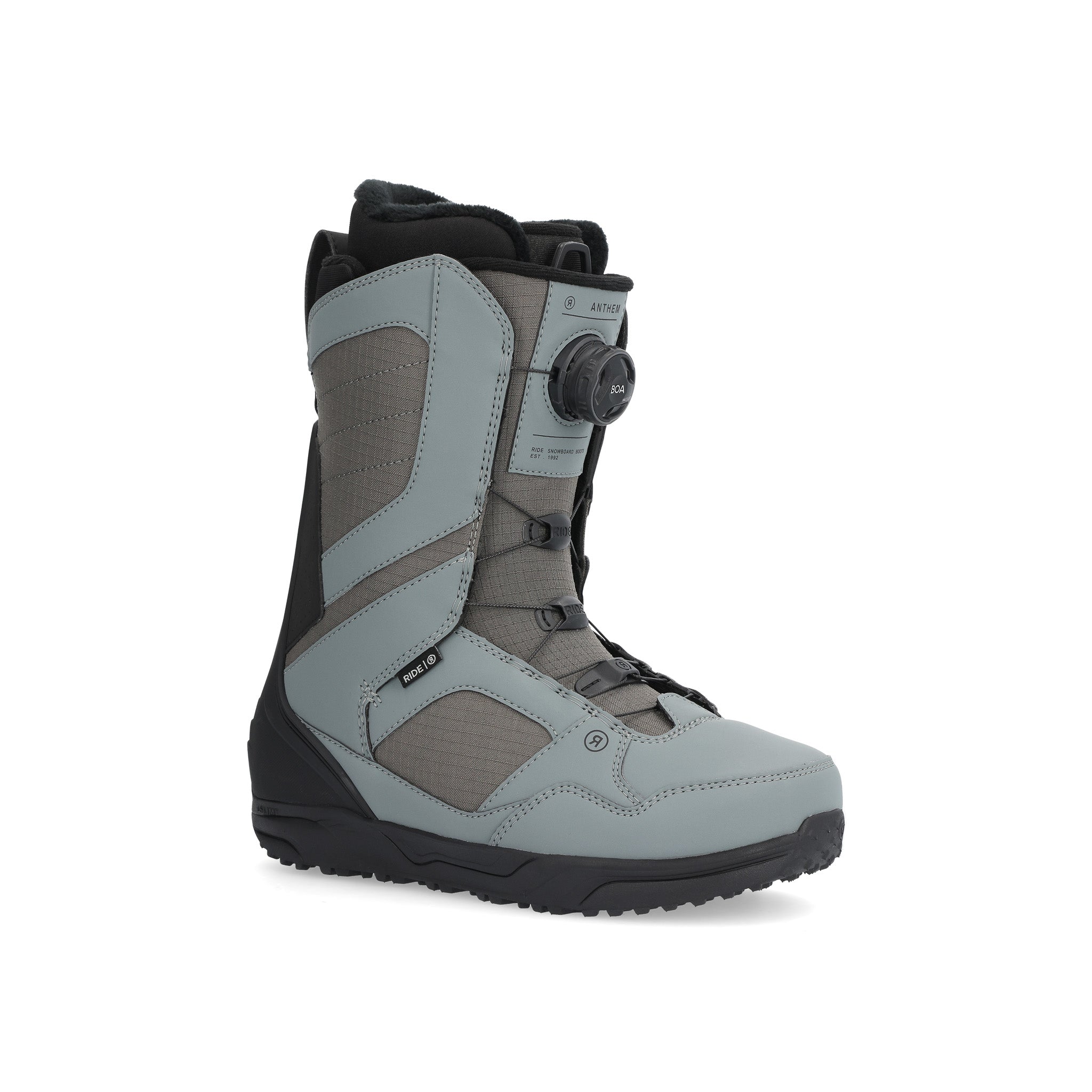 Ride Anthem Snowboard Boot 2025 - A gray snowboard boot with a black sole and laces, featuring a black dial on the side.