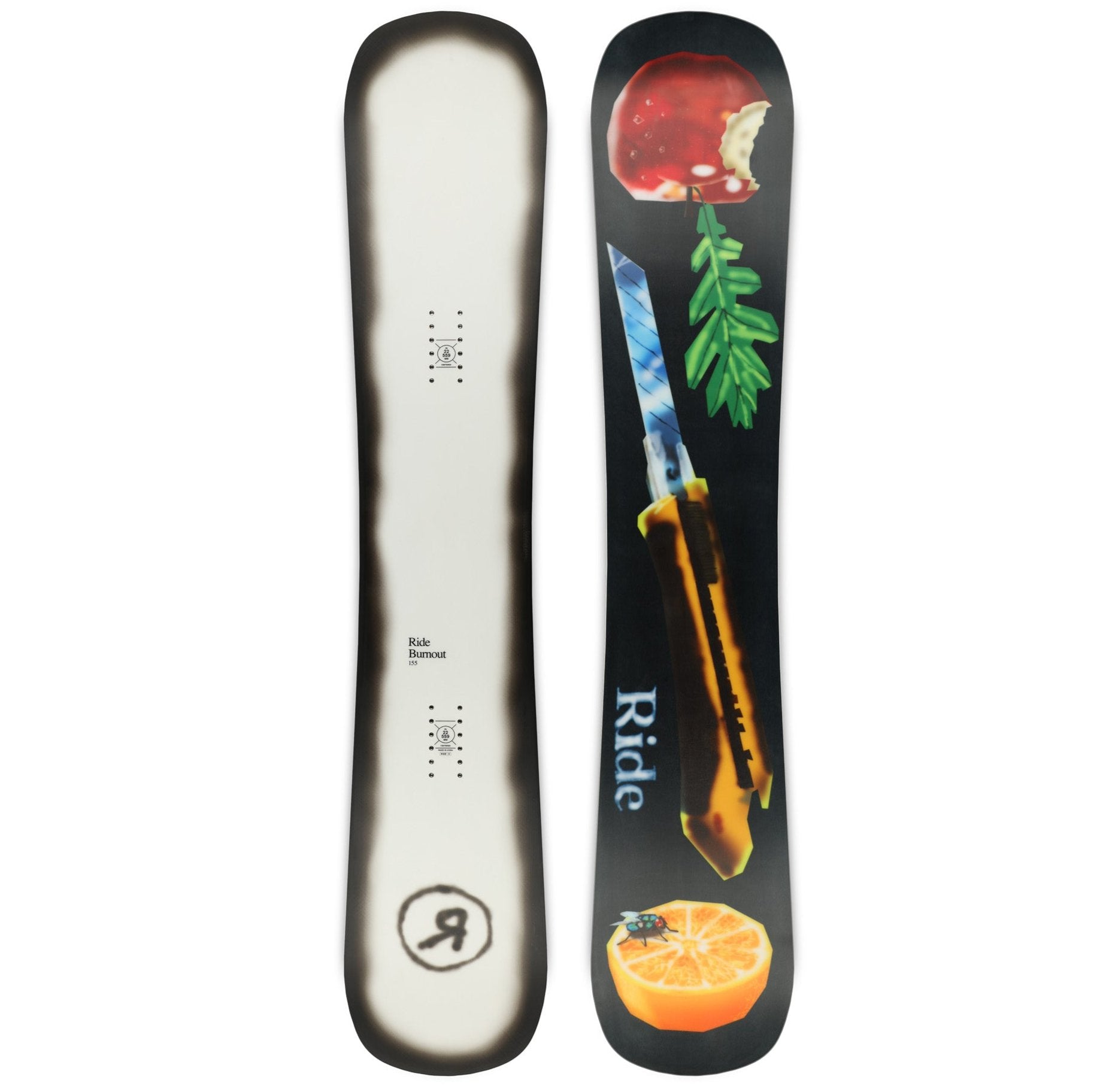 Ride Burnout Snowboard 2025 - A white snowboard with black edges and a logo at the bottom that says "Ride" in black letters.