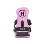 Ride Women's CL-4 Snowboard Binding 2025 - A pink snowboard binding with a black strap and buckle, featuring a circular logo with a large "R" in the center.