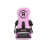 Ride Women's CL-4 Snowboard Binding 2025 - A pink snowboard binding with a black strap and buckle, featuring a circular logo with a large "R" in the center.