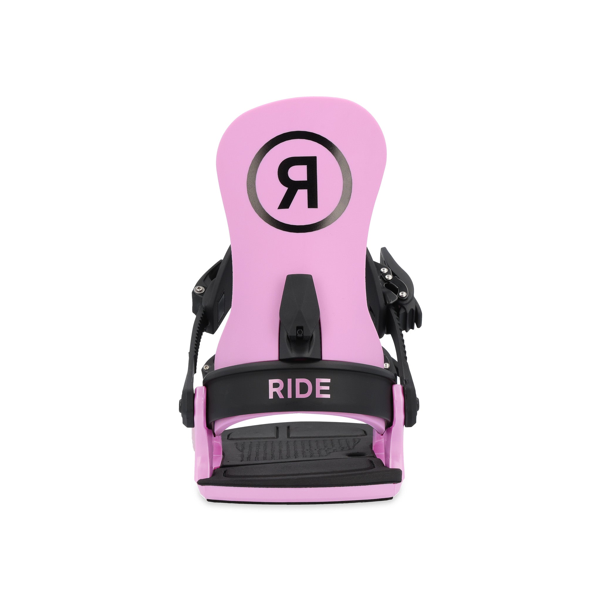 Ride Women's CL-4 Snowboard Binding 2025 - A pink snowboard binding with a black strap and buckle, featuring a circular logo with a large "R" in the center.