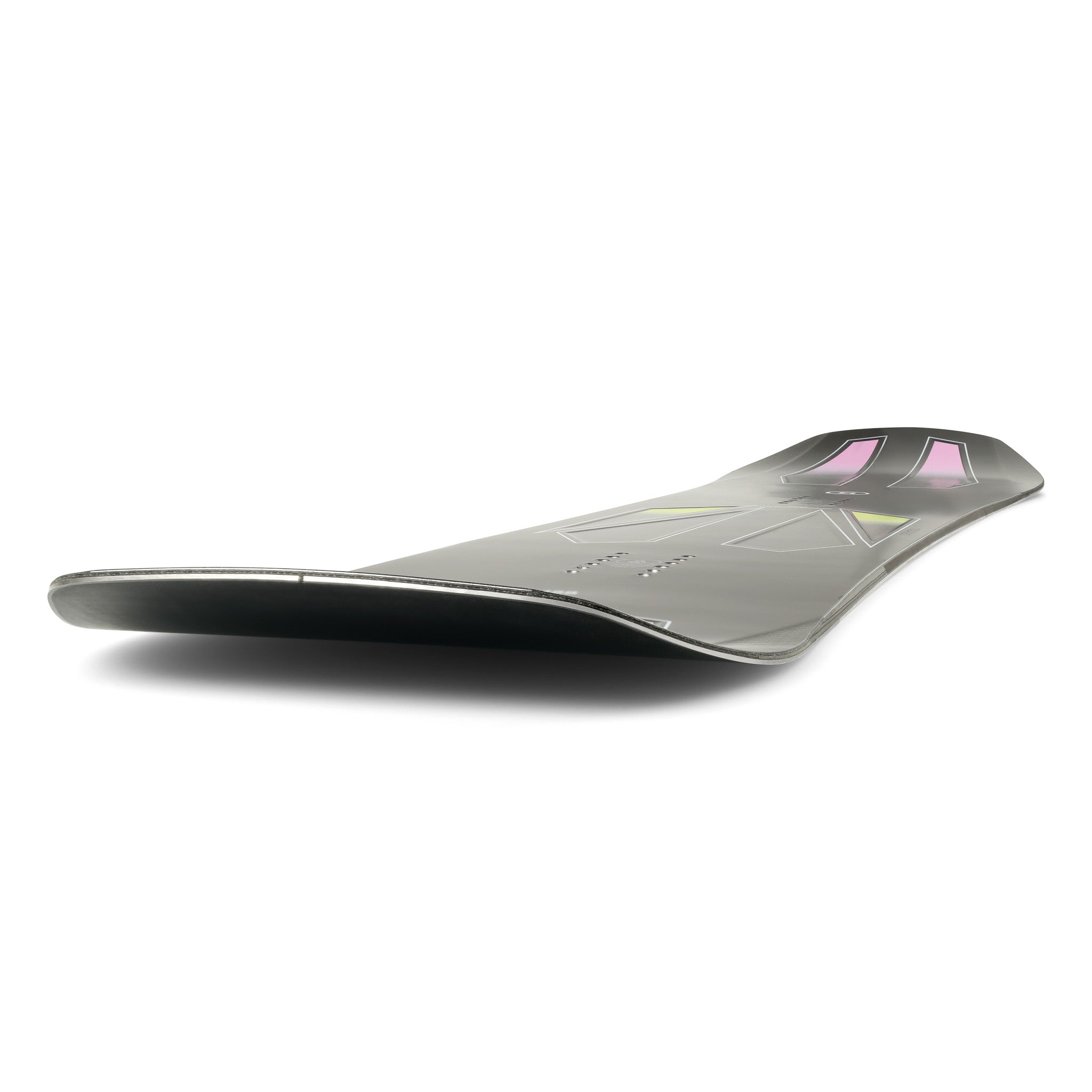 Ride Commissioner Snowboard 2025 - A black snowboard with a yellow logo on top and two small screws at the bottom.