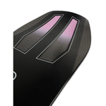 Ride Commissioner Snowboard 2025 - A black snowboard with a pink logo on top and white lettering along the bottom edge.
