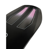 Ride Commissioner Snowboard 2025 - A black snowboard with a pink logo on top and white lettering along the bottom edge.