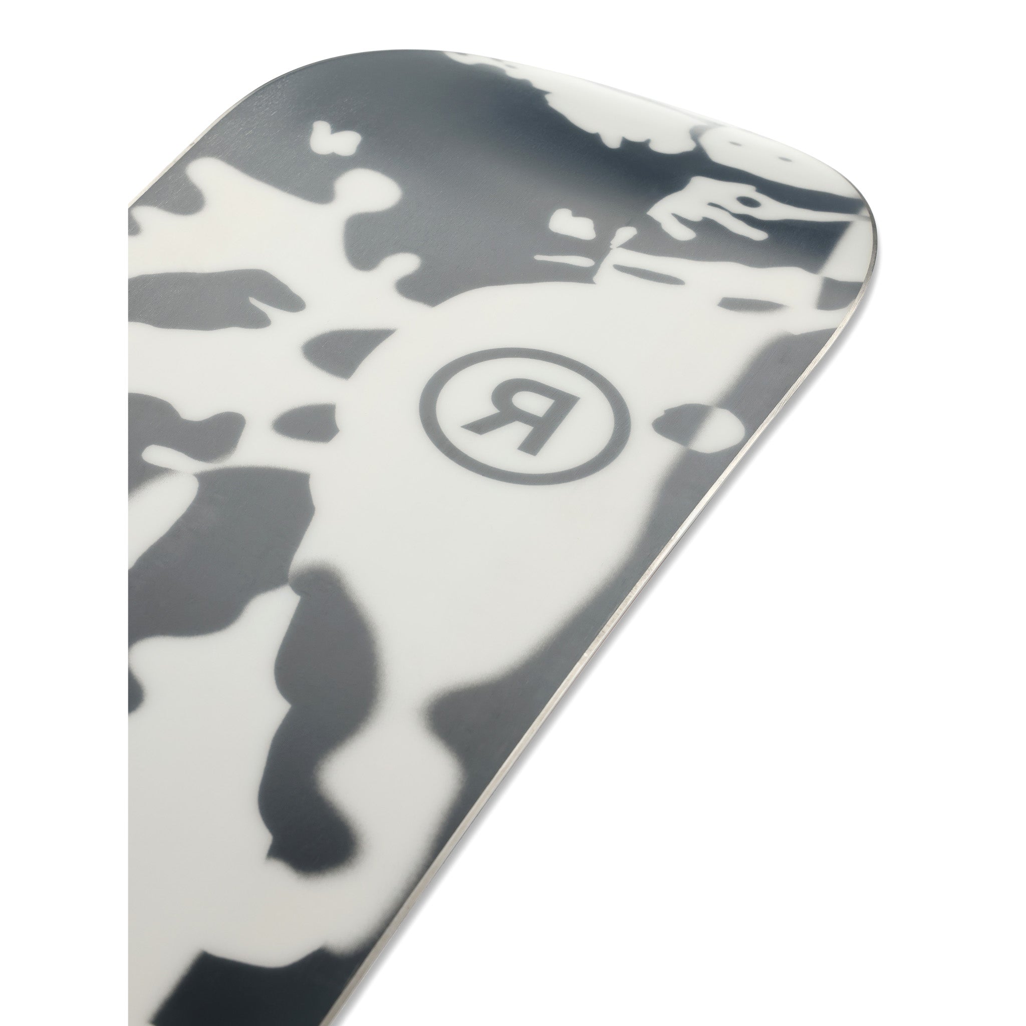Ride Women's Compact Snowboard 2025 - A snowboard with a white base and black abstract design on top, featuring a circular logo with the letter "R" in the center.