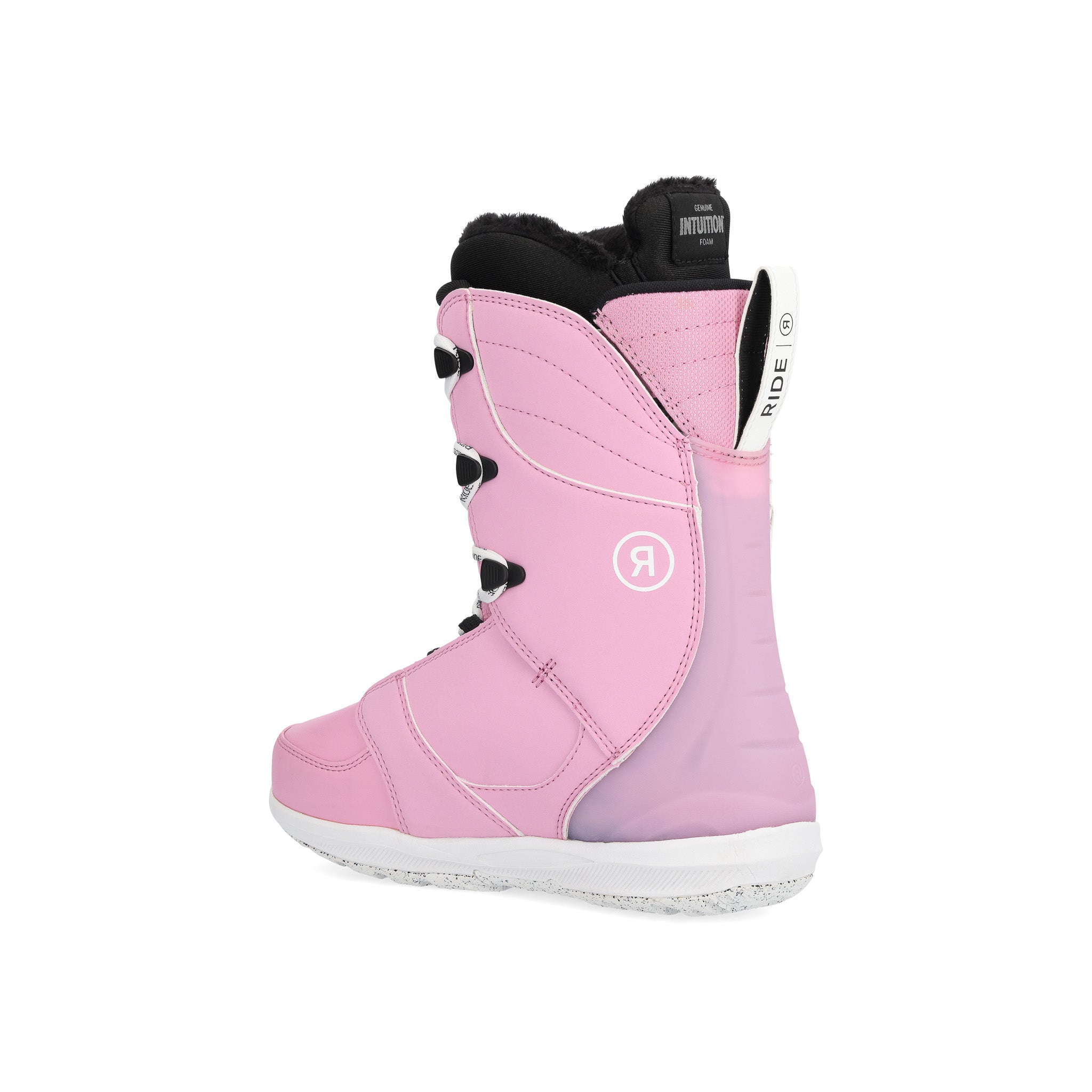 Ride Women's Context Snowboard Boot 2025 - A pink snowboard boot with a white logo on the side and black laces.