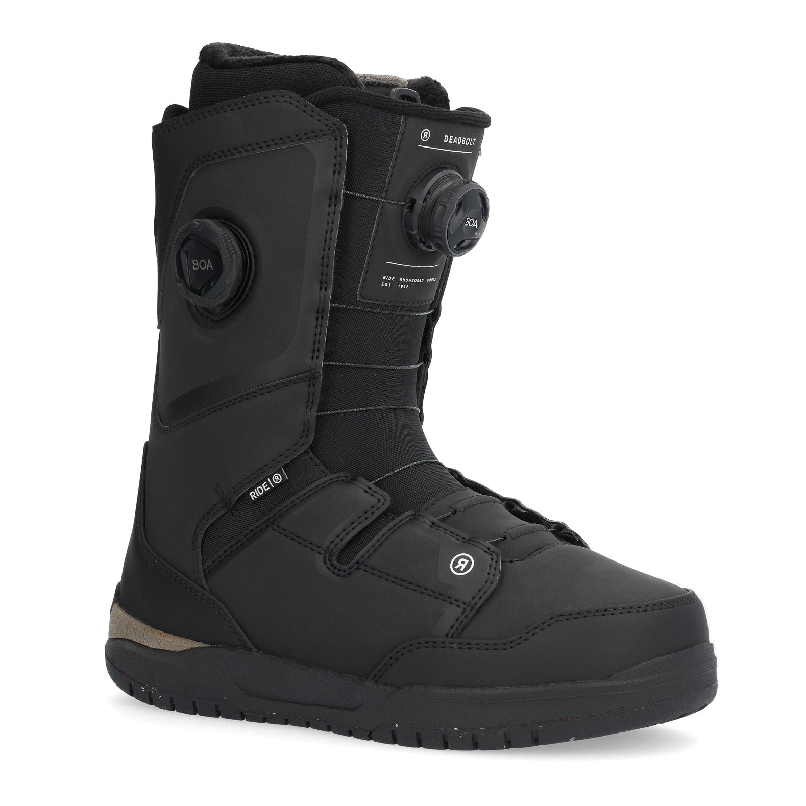 Ride Deadbolt Zonal Snowboard Boot 2025 - Black snowboard boots with a textured pattern on the toe and heel areas, featuring BOA laces and a black strap.