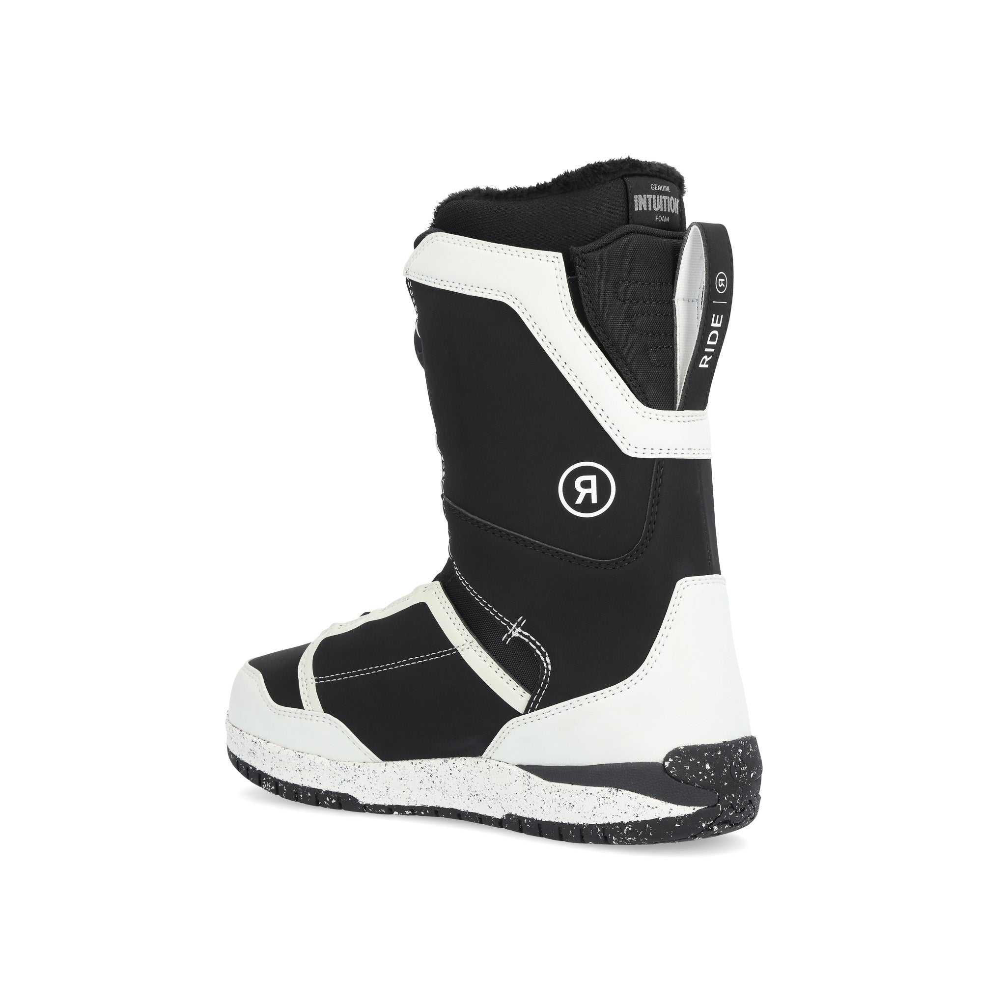 Ride Deadbolt Zonal Snowboard Boot 2025 - Black snowboard boot with white accents and a black strap on top.