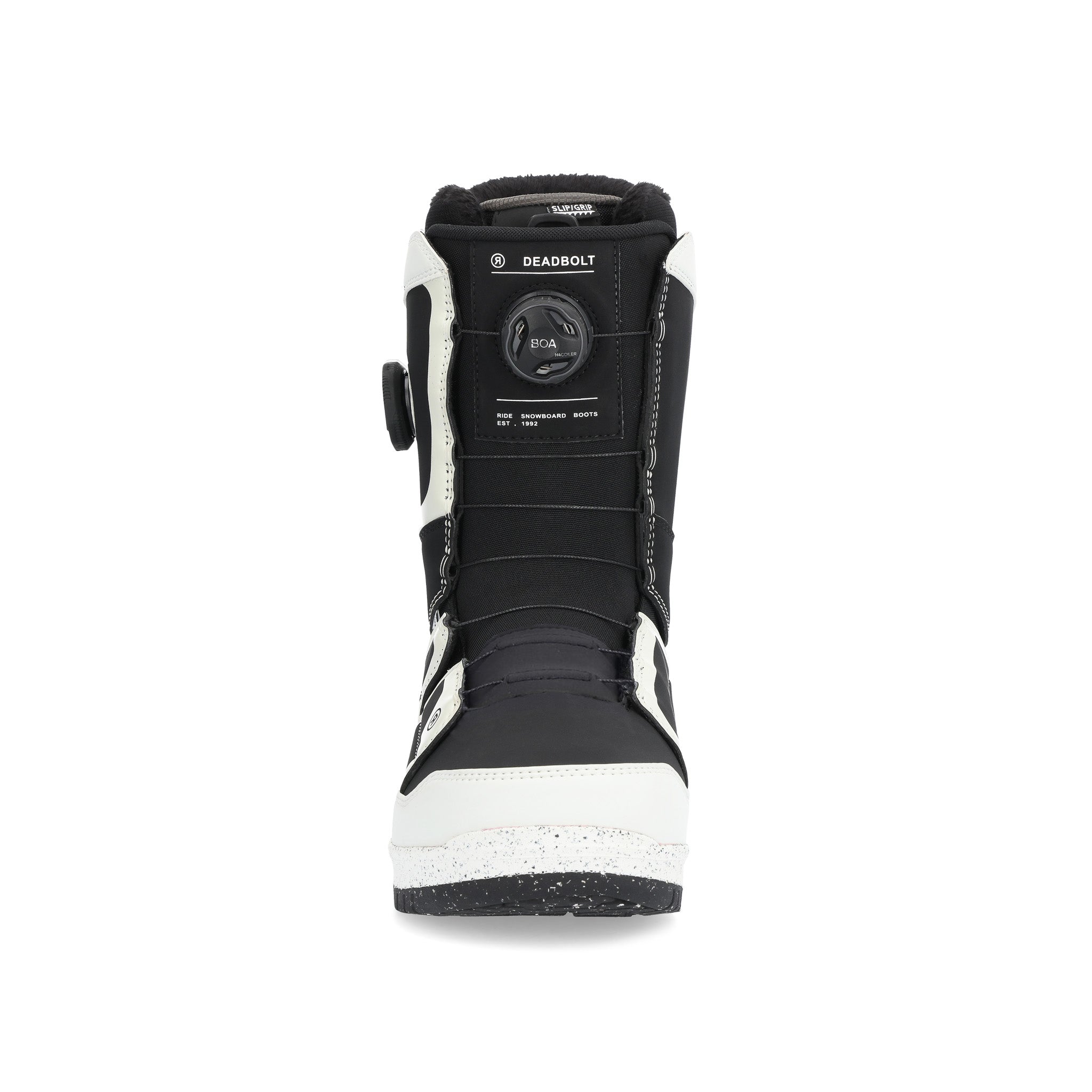 Ride Deadbolt Zonal Snowboard Boot 2025 - Black snowboard boot with white accents and a black BOA dial on the side.