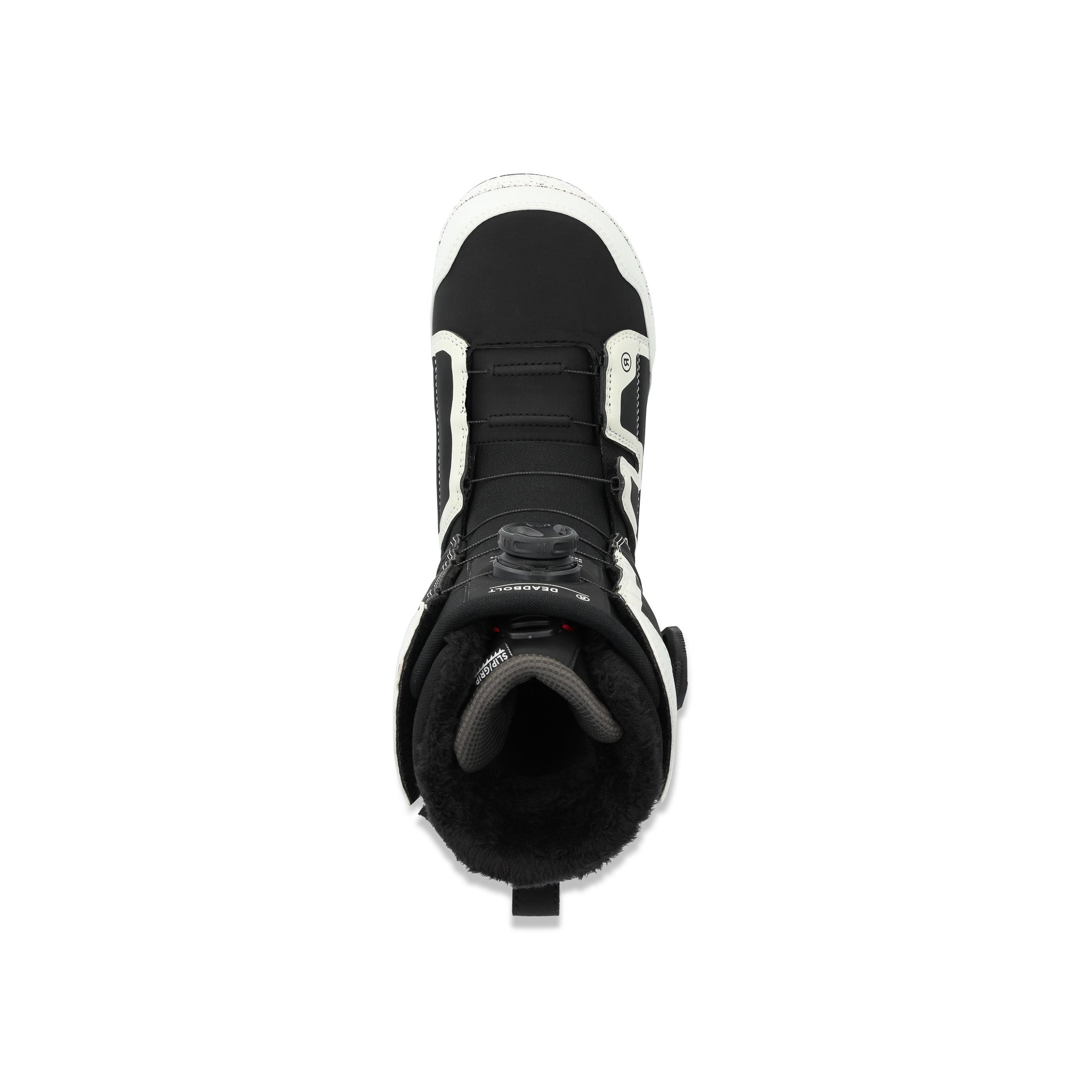 Ride Deadbolt Zonal Snowboard Boot 2025 - Black snowboard boot with white accents and a black strap on top.