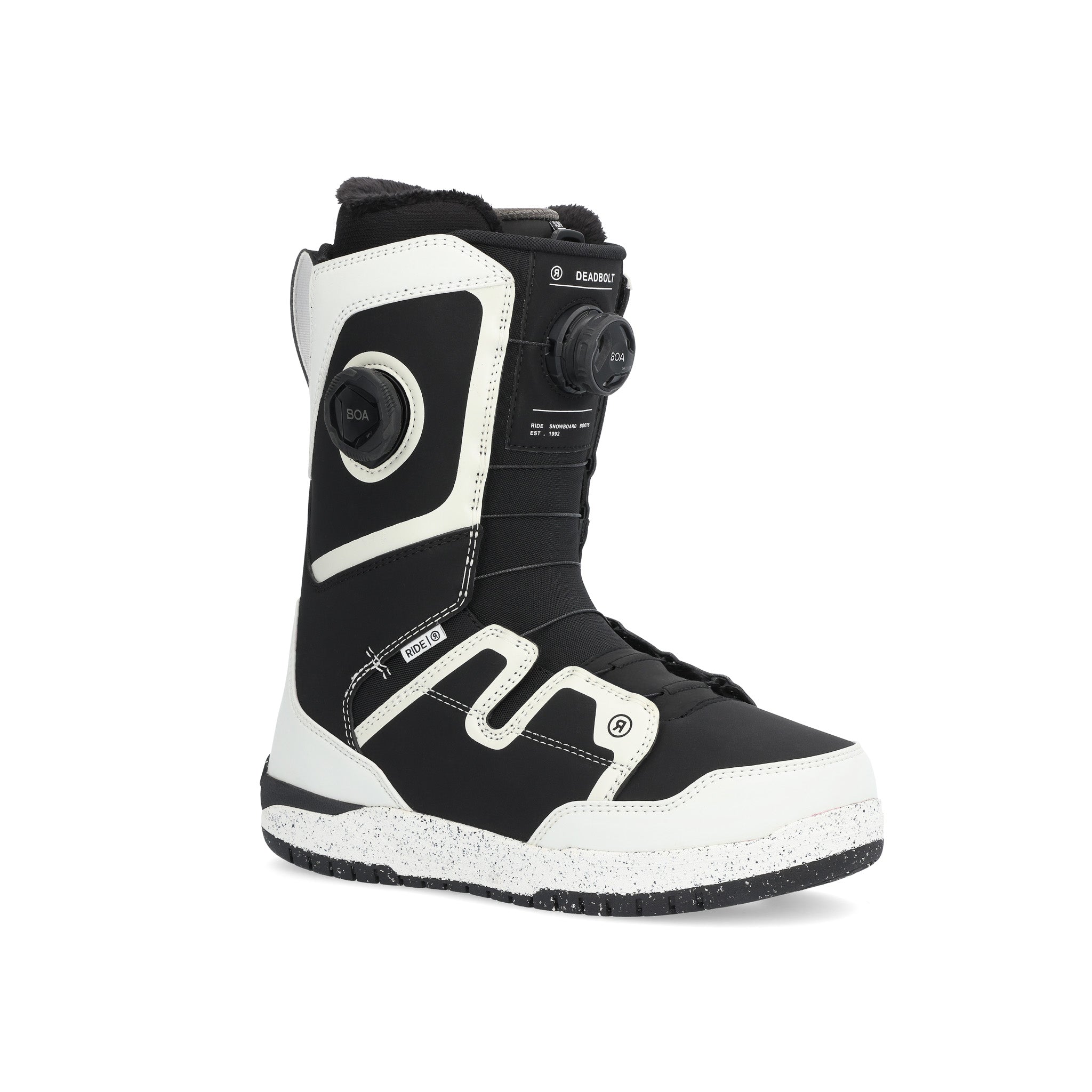 Ride Deadbolt Zonal Snowboard Boot 2025 - Black snowboard boot with white accents and a black strap on the side.