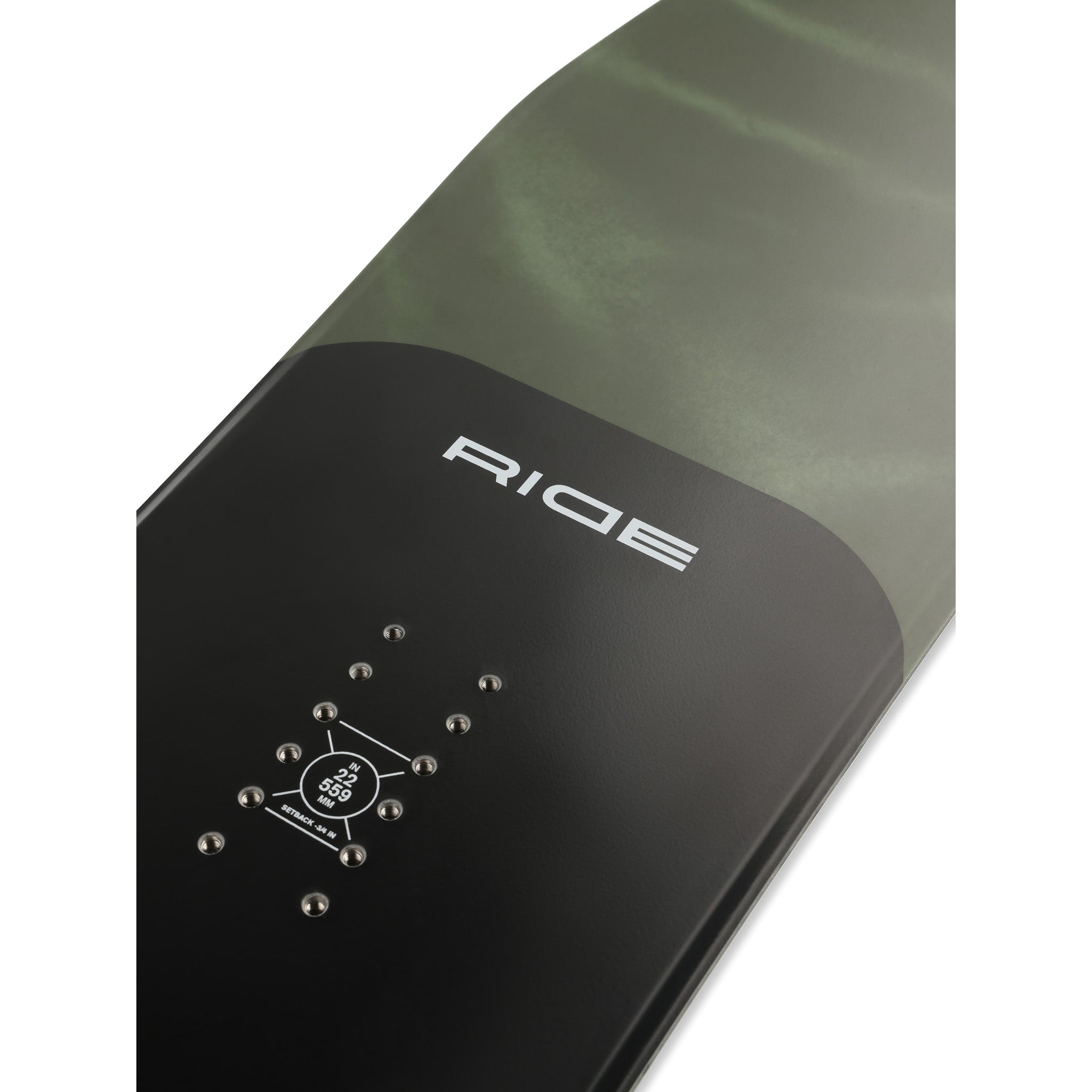 Ride Deep Fake Snowboard 2025 - A dark green snowboard with a subtle white pattern and silver binding hardware.