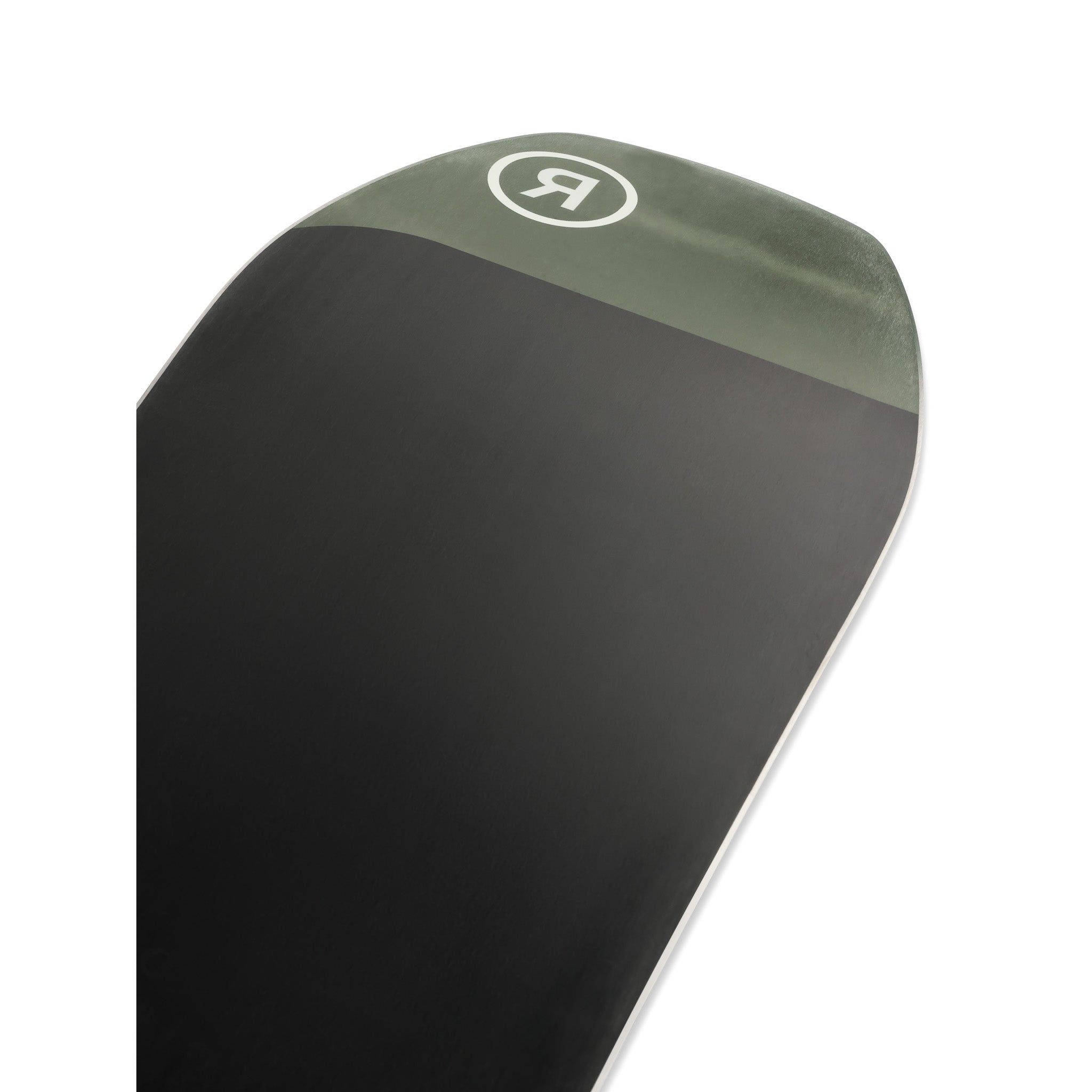 Ride Deep Fake Snowboard 2025 - A black snowboard with a white logo on top, featuring a distinctive "D" and "F" intertwined in a circular pattern.