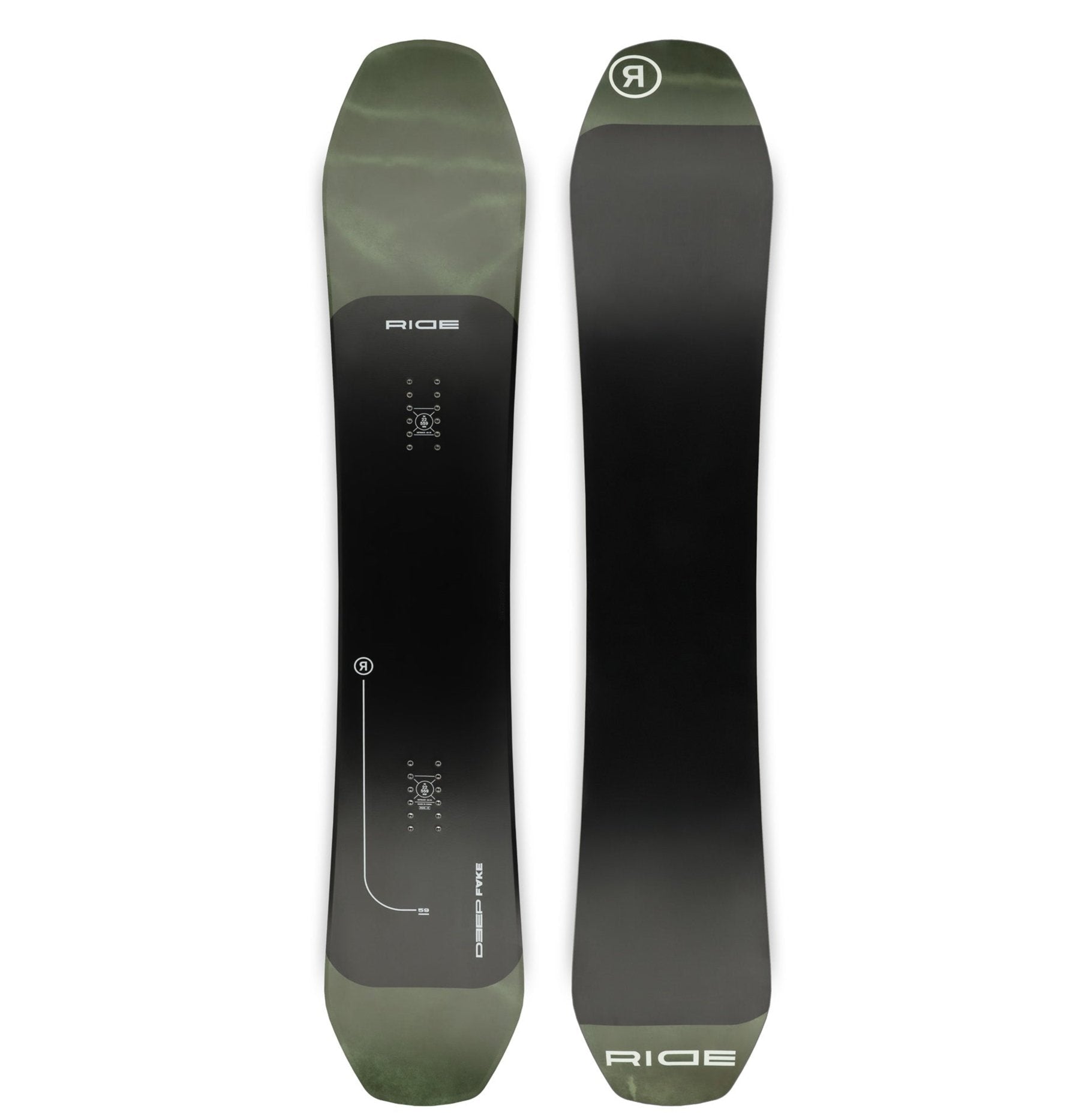 Ride Deep Fake Snowboard 2025 - A black snowboard with a white logo and white lettering on the top of the board.