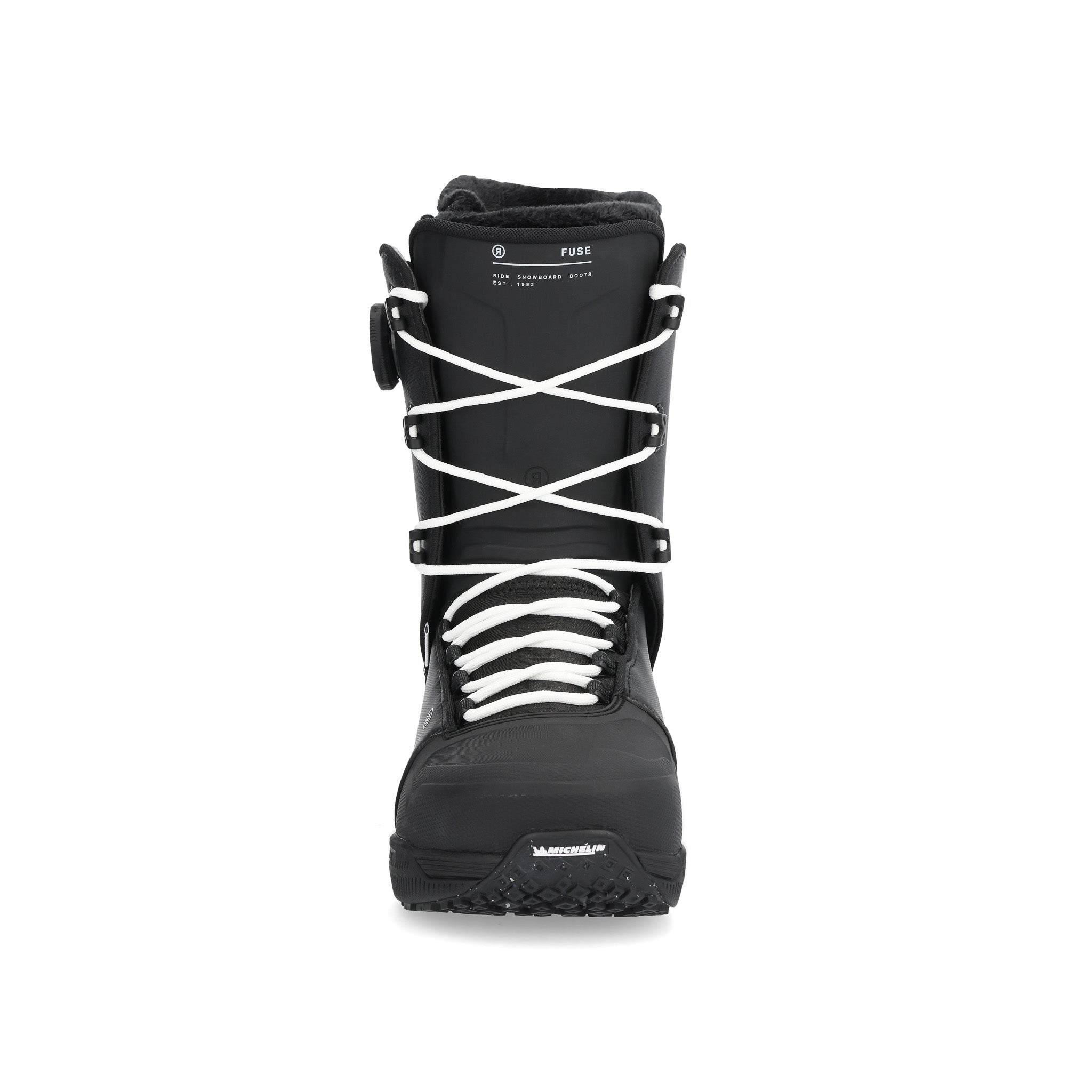 Ride Fuse Snowboard Boots 2025 - Black snowboard boots with white laces and a black strap on the side.