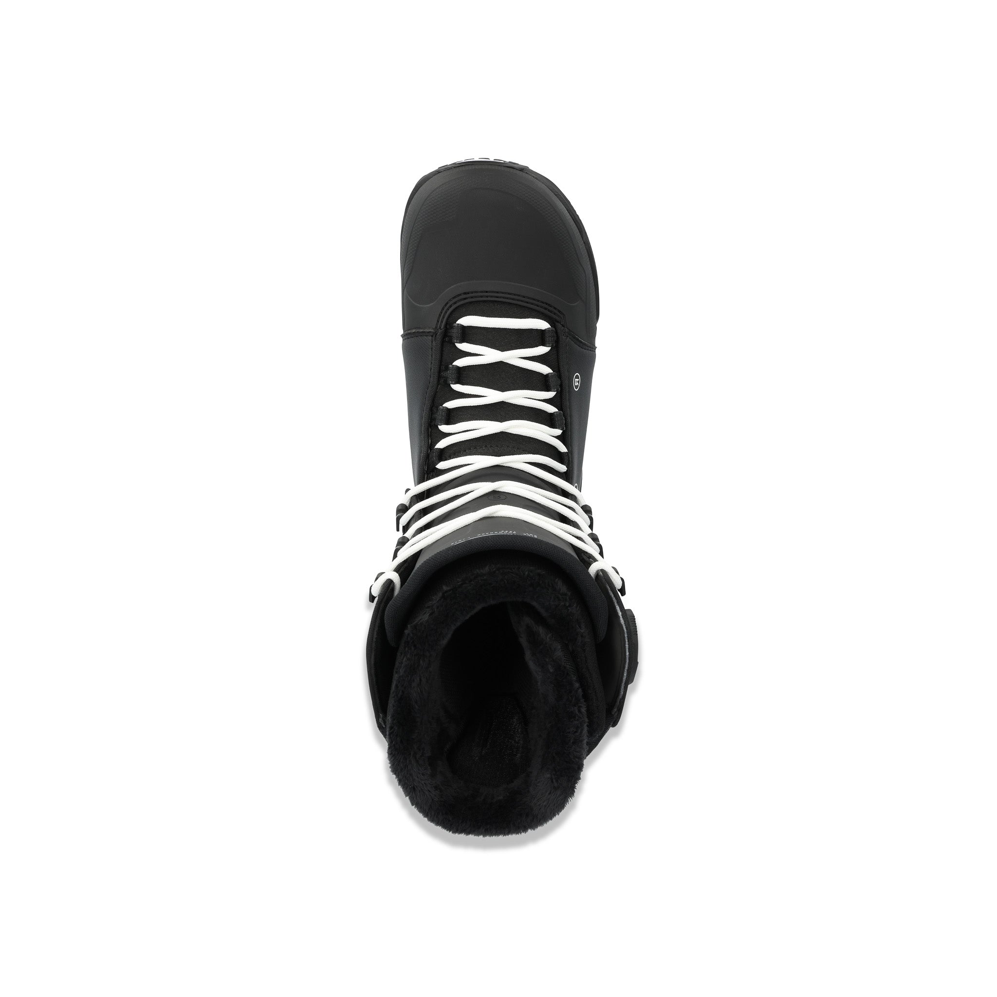Ride Fuse Snowboard Boots 2025 - Black snowboard boots with white laces and a black strap on top.