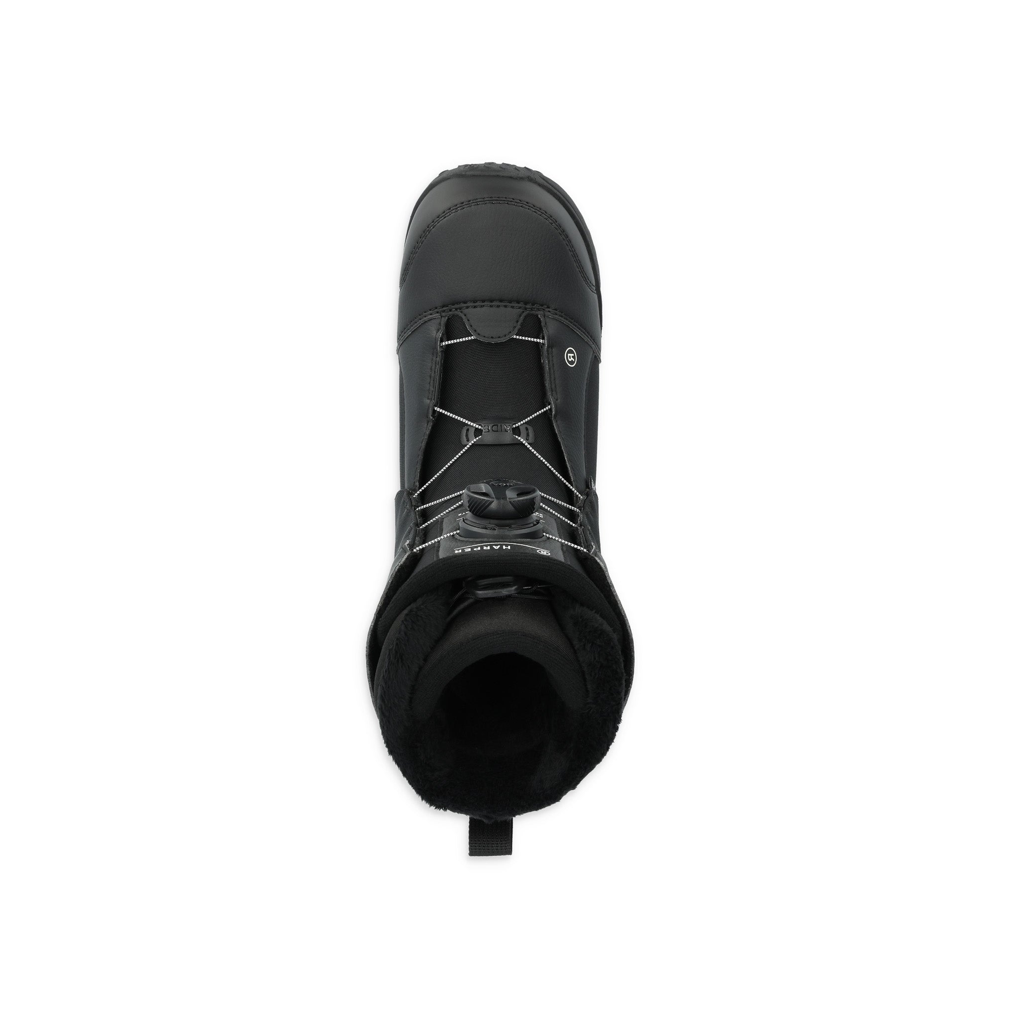 Ride Women's Harper Snowboard Boot 2025 - Black snowboard boot with white stitching and a black strap on top.