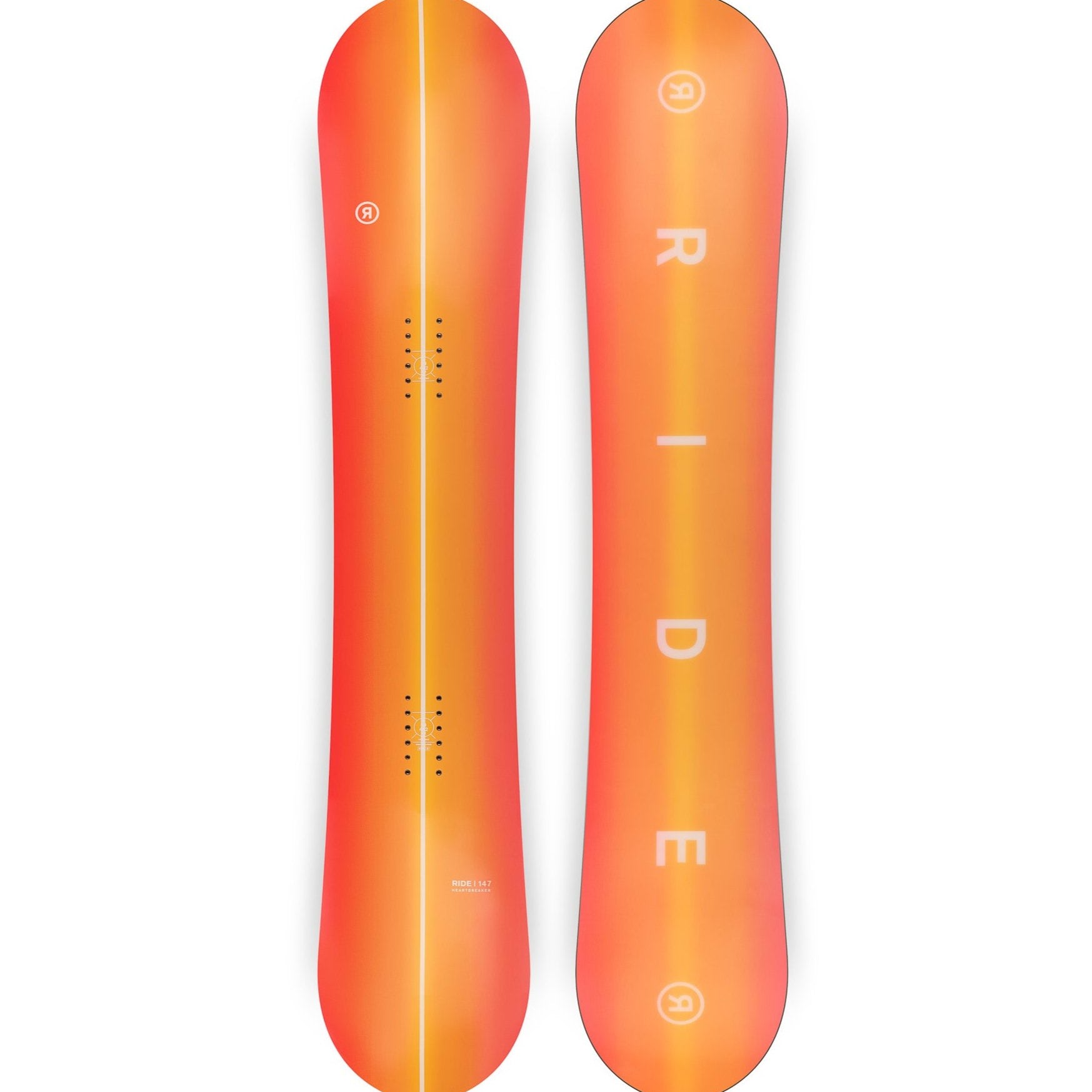 Ride Women's Heartbreaker Snowboard 2025 - A women's snowboard with a pink and white color scheme, featuring a distinctive heart-shaped design on its top sheet.