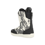 Ride Women's Hera Snowboard Boot 2025 - A black snowboard boot with a white and grey abstract pattern on the side, featuring a strap that says "RIDE" in white letters.