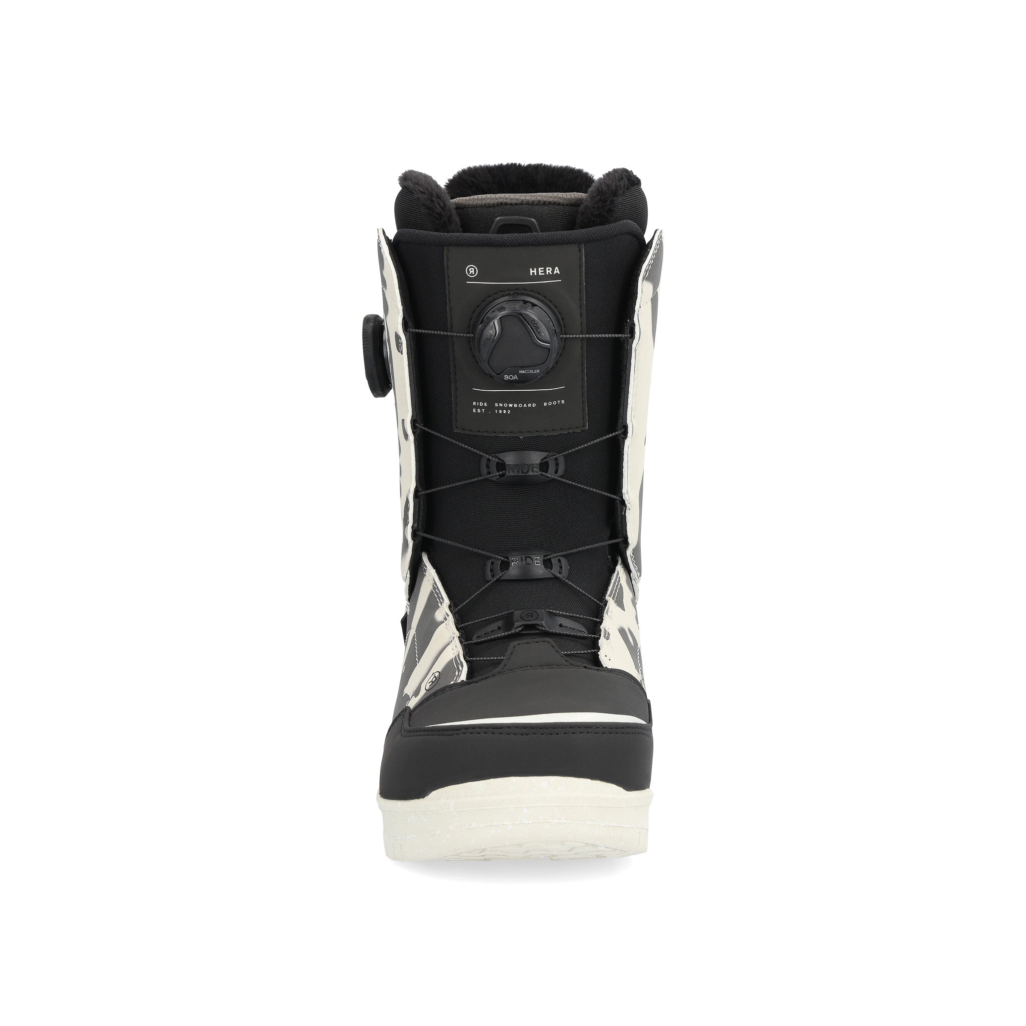 Ride Women's Hera Snowboard Boot 2025 - Black snowboard boot with a black strap and white accents on the side.