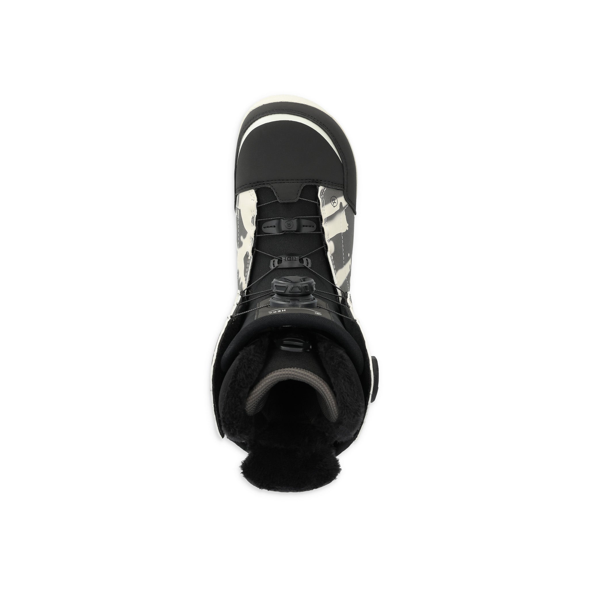 Ride Women's Hera Snowboard Boot 2025 - Black snowboard boot with white accents and a black strap on top.