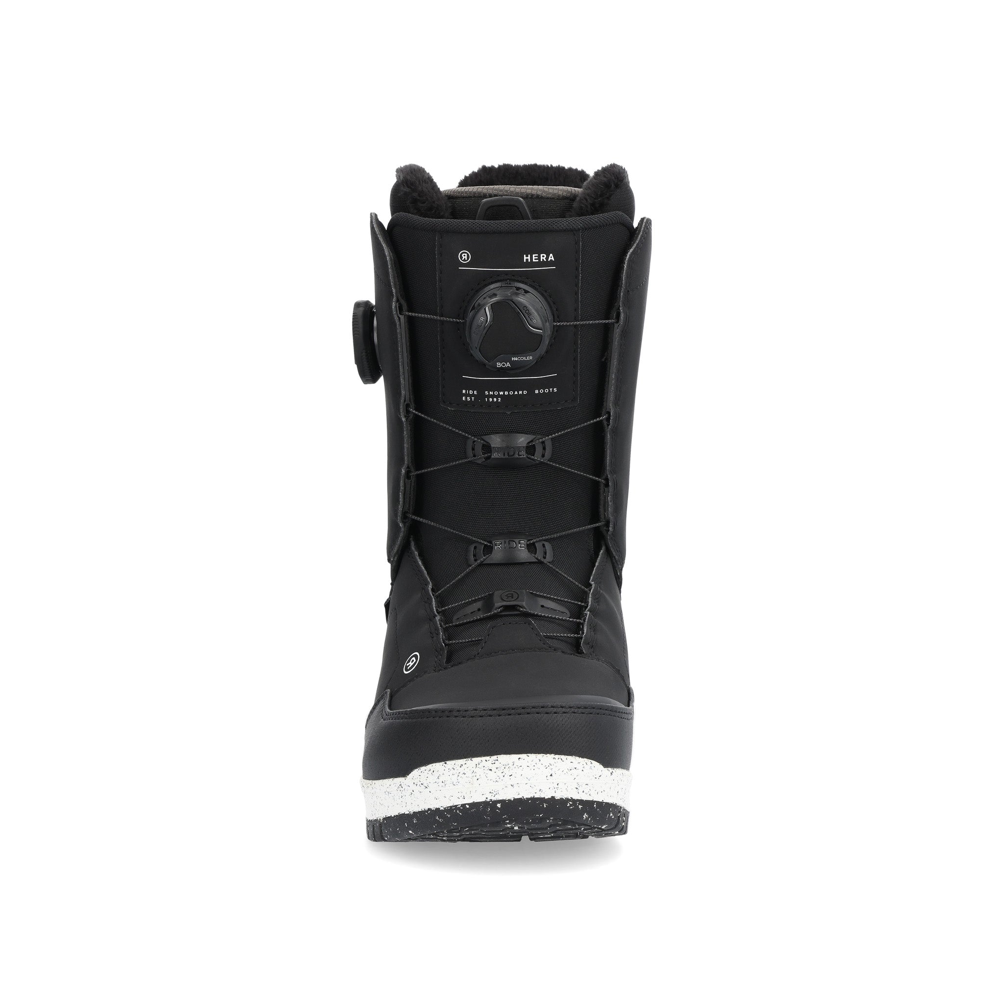 Ride Women's Hera Snowboard Boot 2025 - Black snowboard boot with a round, black dial on the side and white speckles on the sole.
