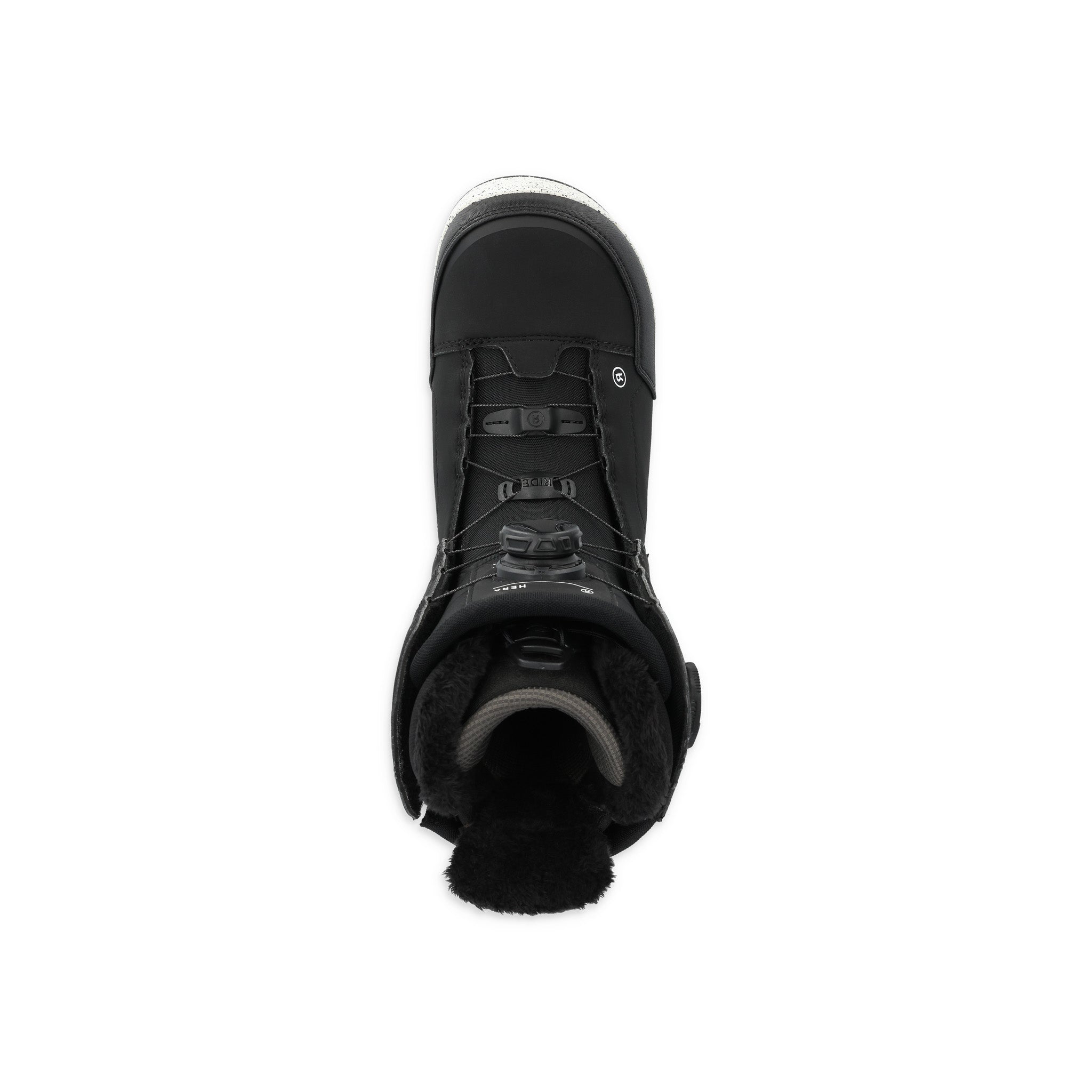 Ride Women's Hera Snowboard Boot 2025 - Black snowboard boot with white accents and a black strap on top.