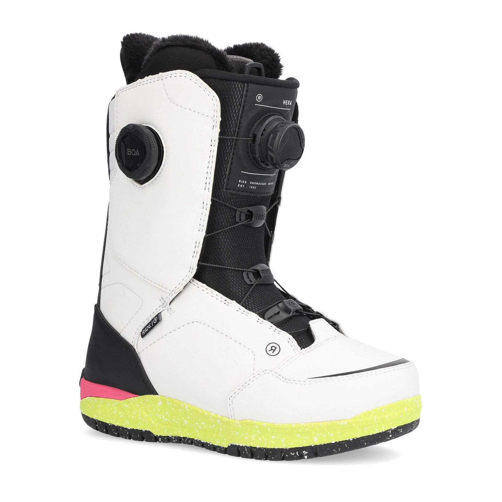 Ride Women's Hera Snowboard Boot 2025 - White snowboard boot with black laces and a black strap on top of the tongue.