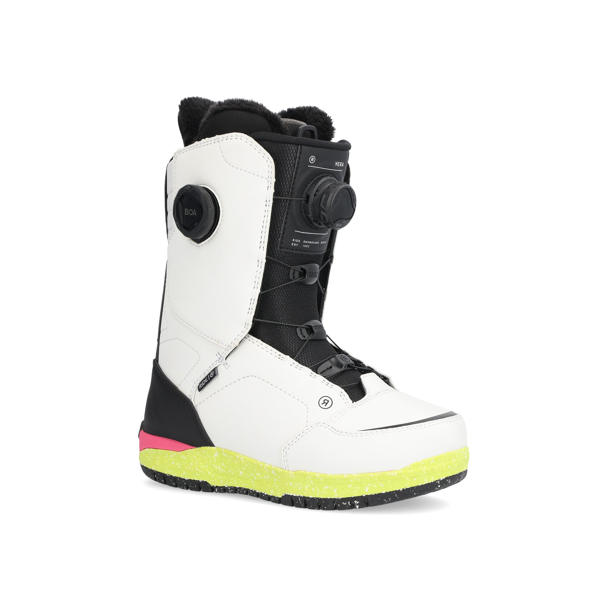 Ride Women's Hera Snowboard Boot 2025 - White snowboard boot with black laces and a black strap on top of the tongue.