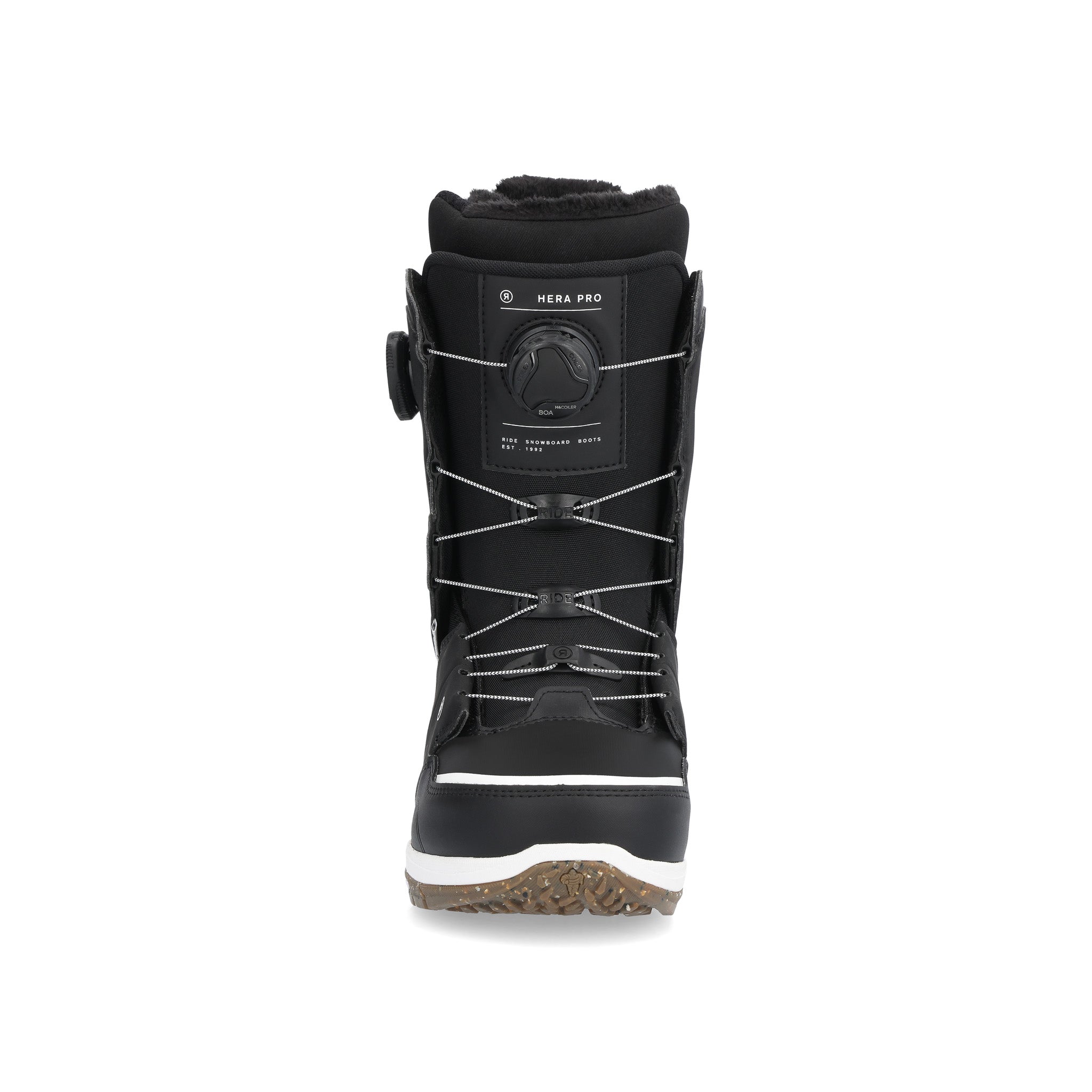 Ride Women's Hera Pro Snowboard Boot 2025 - Black snowboard boot with white accents and a black BOA dial on top.