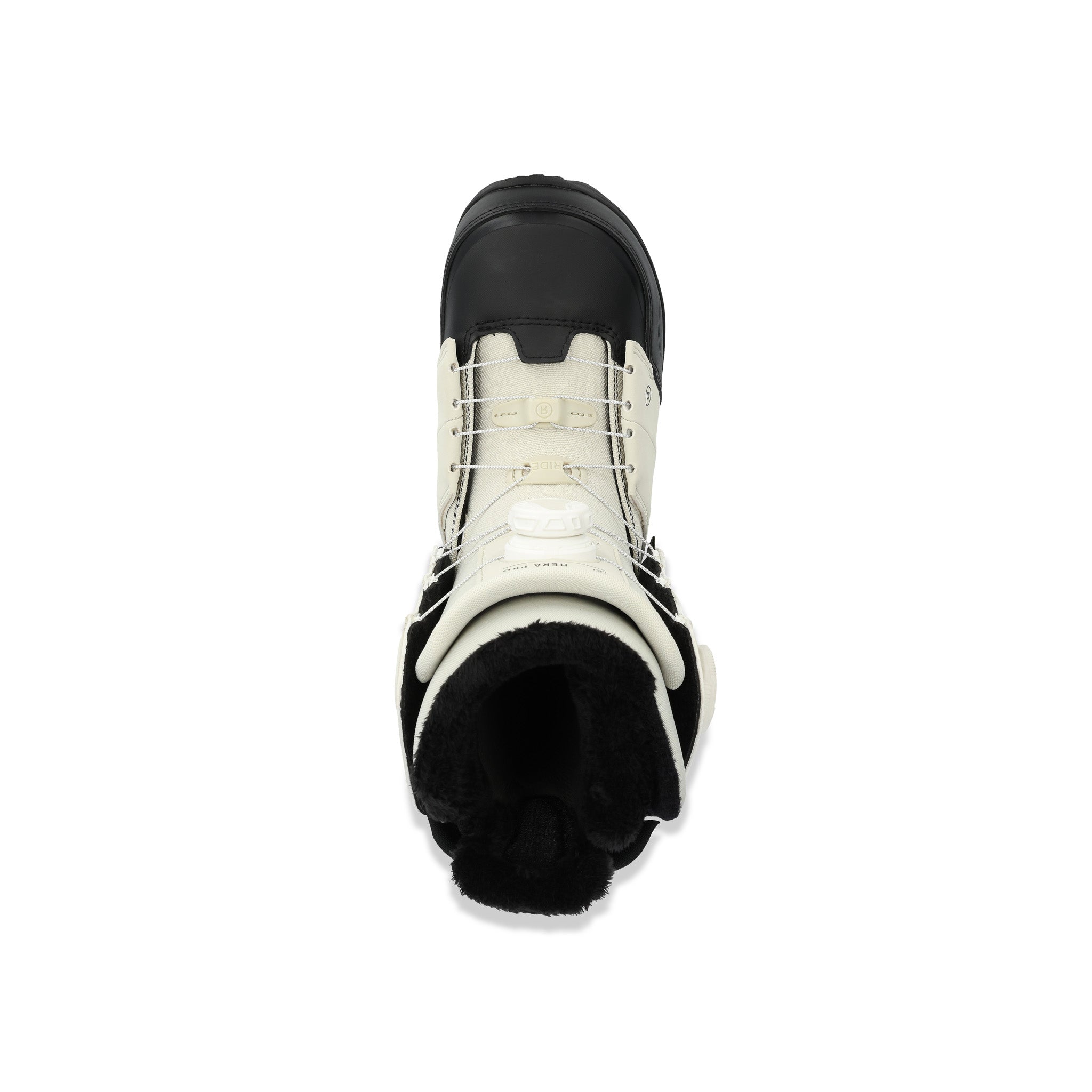 Ride Women's Hera Pro Snowboard Boot 2025 - A black and white snowboard boot with a textured, rubber toe cap and laces.