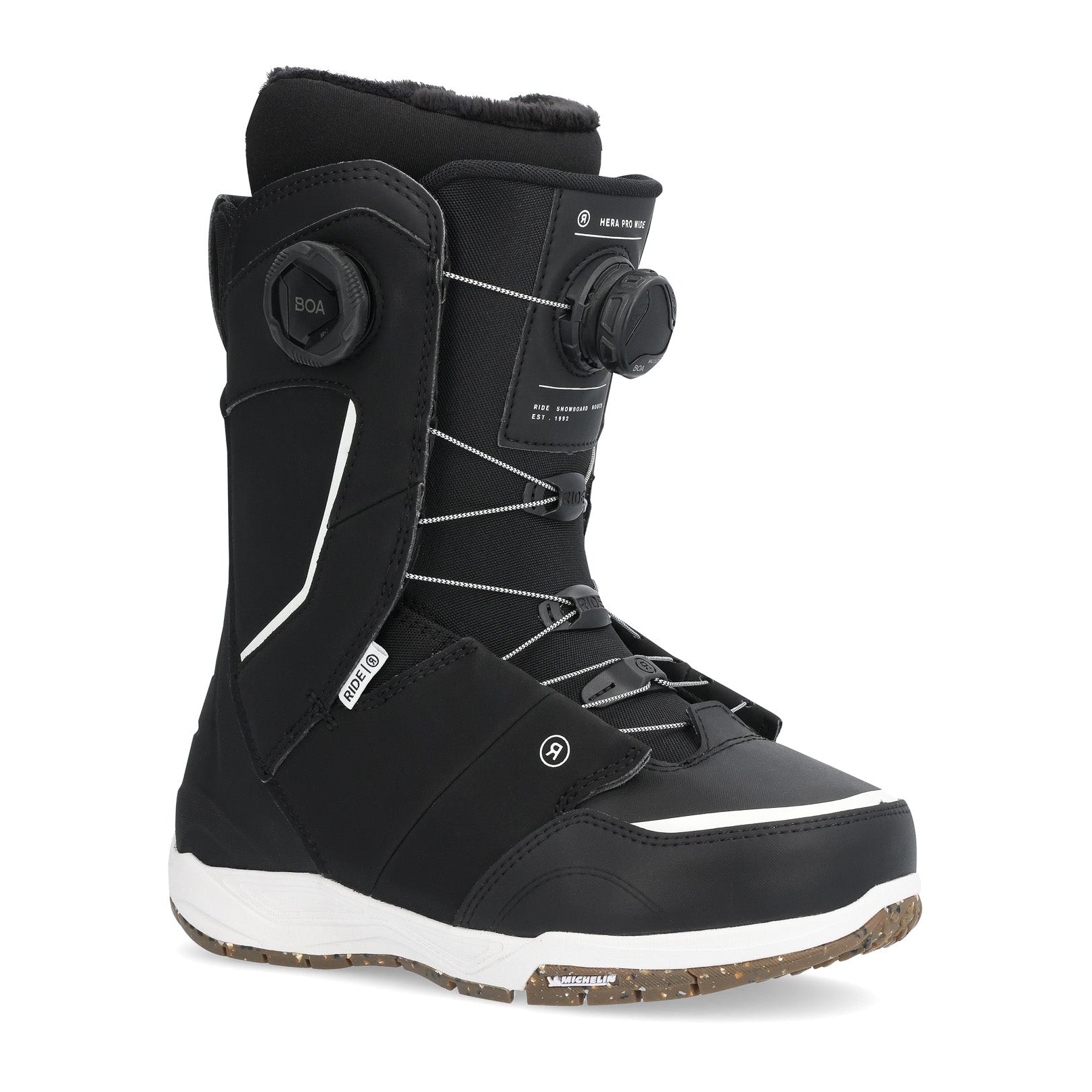 Ride Women's Hera Pro Snowboard Boot 2025 - Black snowboard boot with white accents and a black BOA dial on the side.