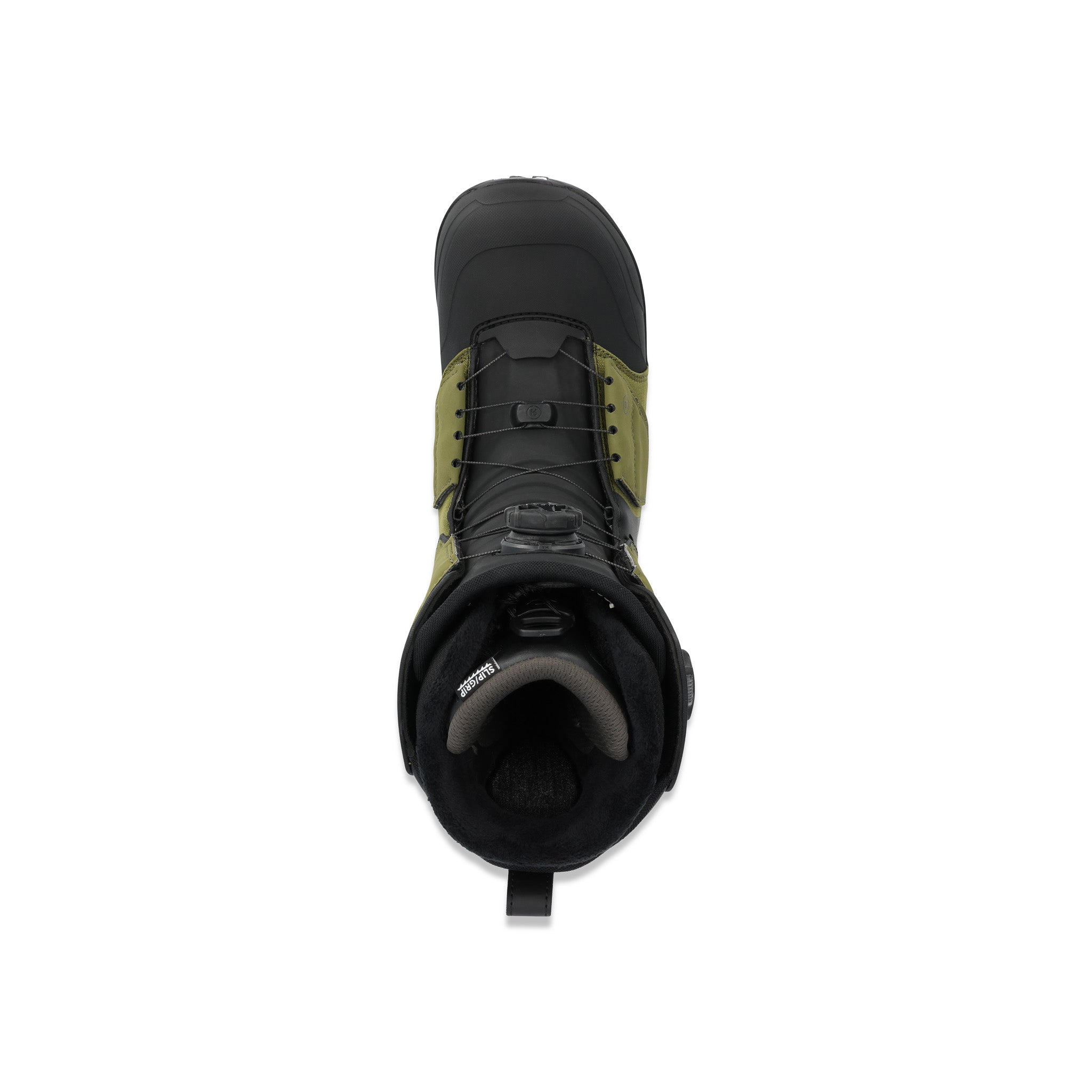 Ride Insano Snowboard Boot 2025 - A black snowboard boot with a green strap and laces, featuring a white logo on the side.