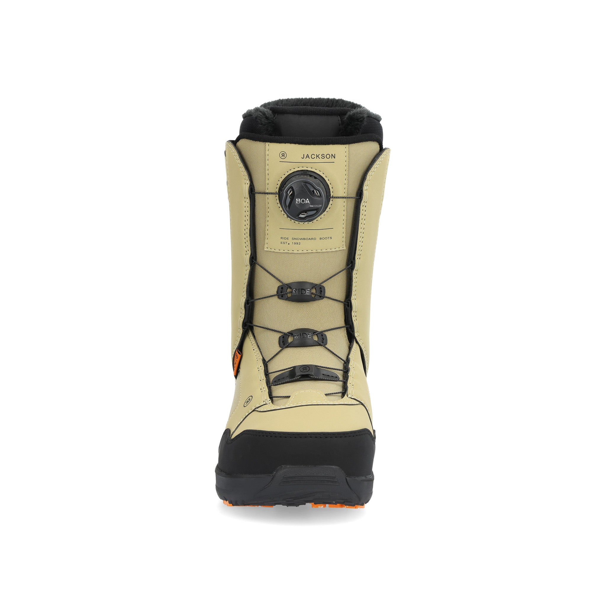 Ride Jackson Snowboard Boot 2025 - A tan snowboard boot with black laces and a round black BOA dial on the side.