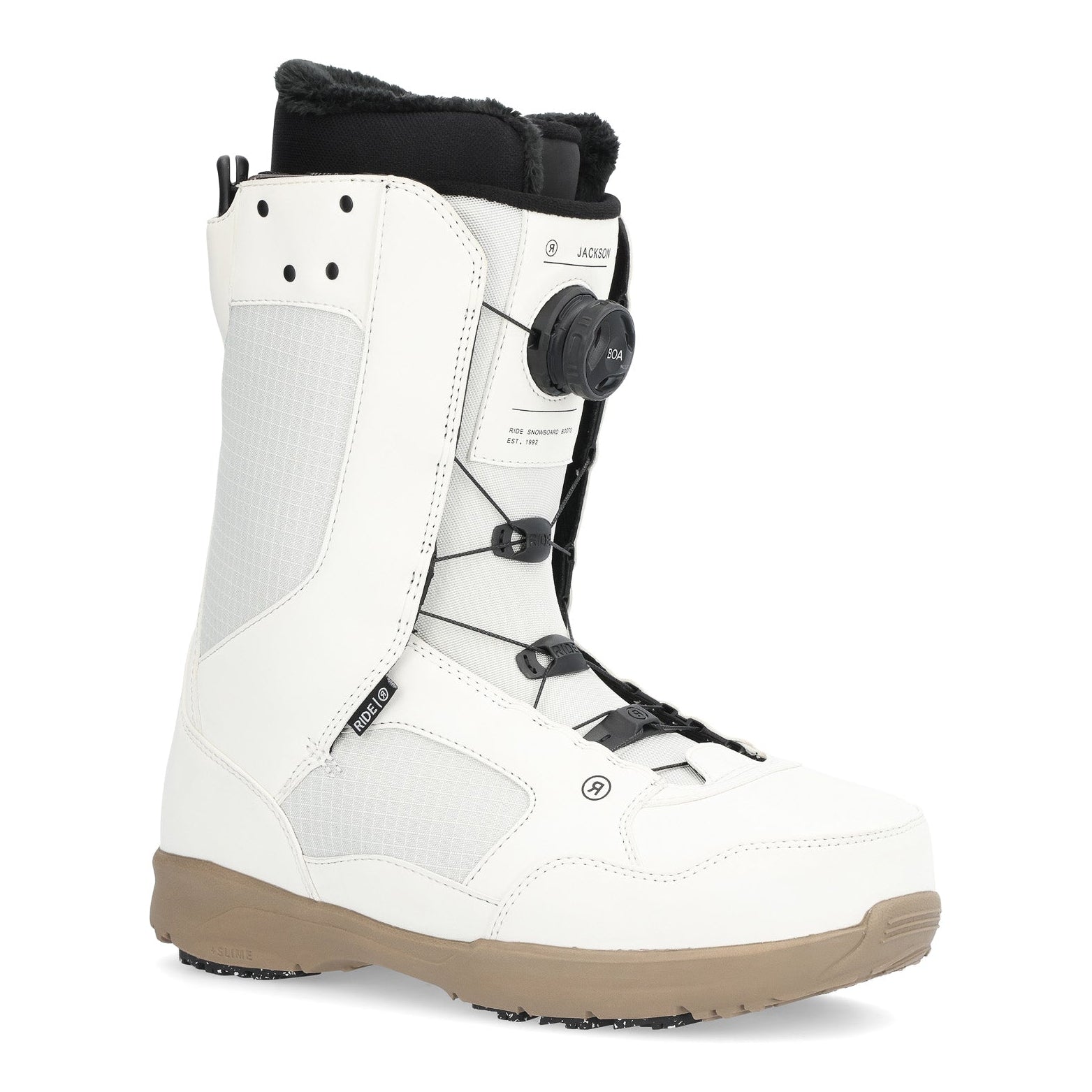 Ride Jackson Snowboard Boot 2025 - White snowboard boots with black laces and a black strap on top.
