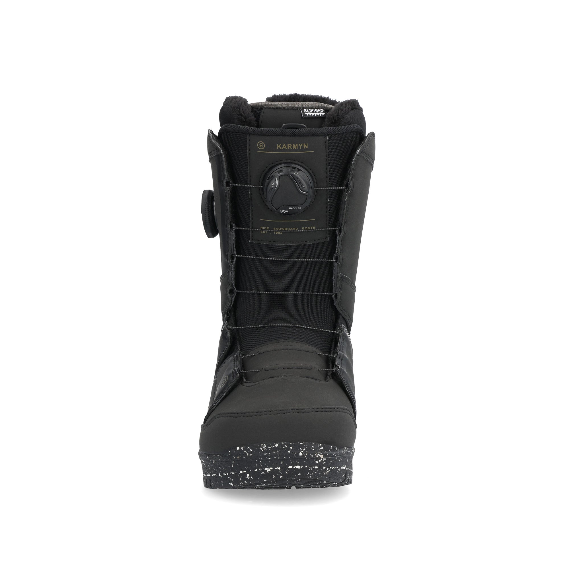 Ride Women's Karmyn Zonal Snowboard Boot 2025 - Black snowboard boot with a black strap and white logo on top.