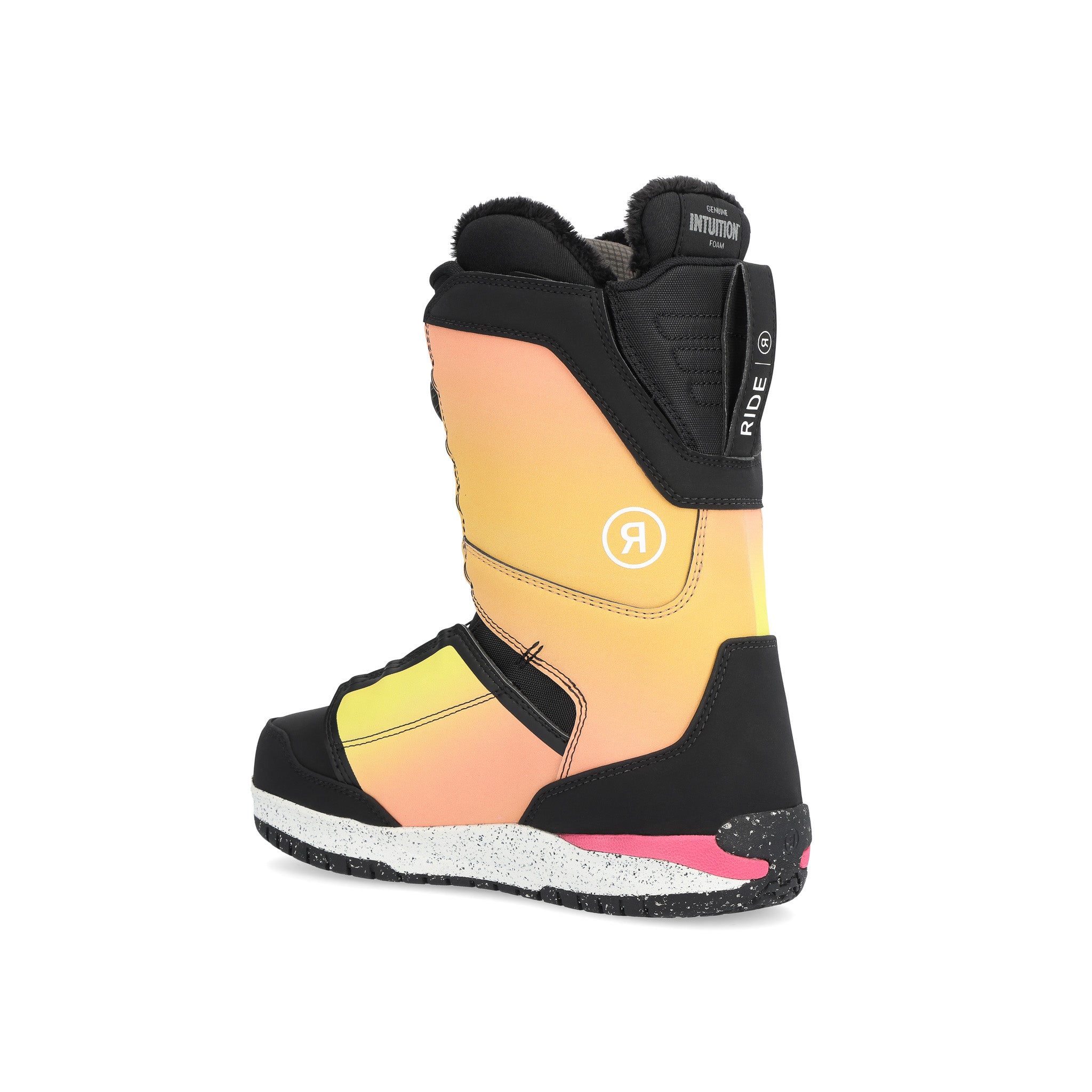 Ride Women's Karmyn Zonal Snowboard Boot 2025 - A black snowboard boot with a gradient of yellow and orange on the side, featuring a white logo in the center.