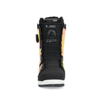 Ride Women's Karmyn Zonal Snowboard Boot 2025 - A black snowboard boot with a pink and yellow gradient design on the side, featuring a round dial at the top.