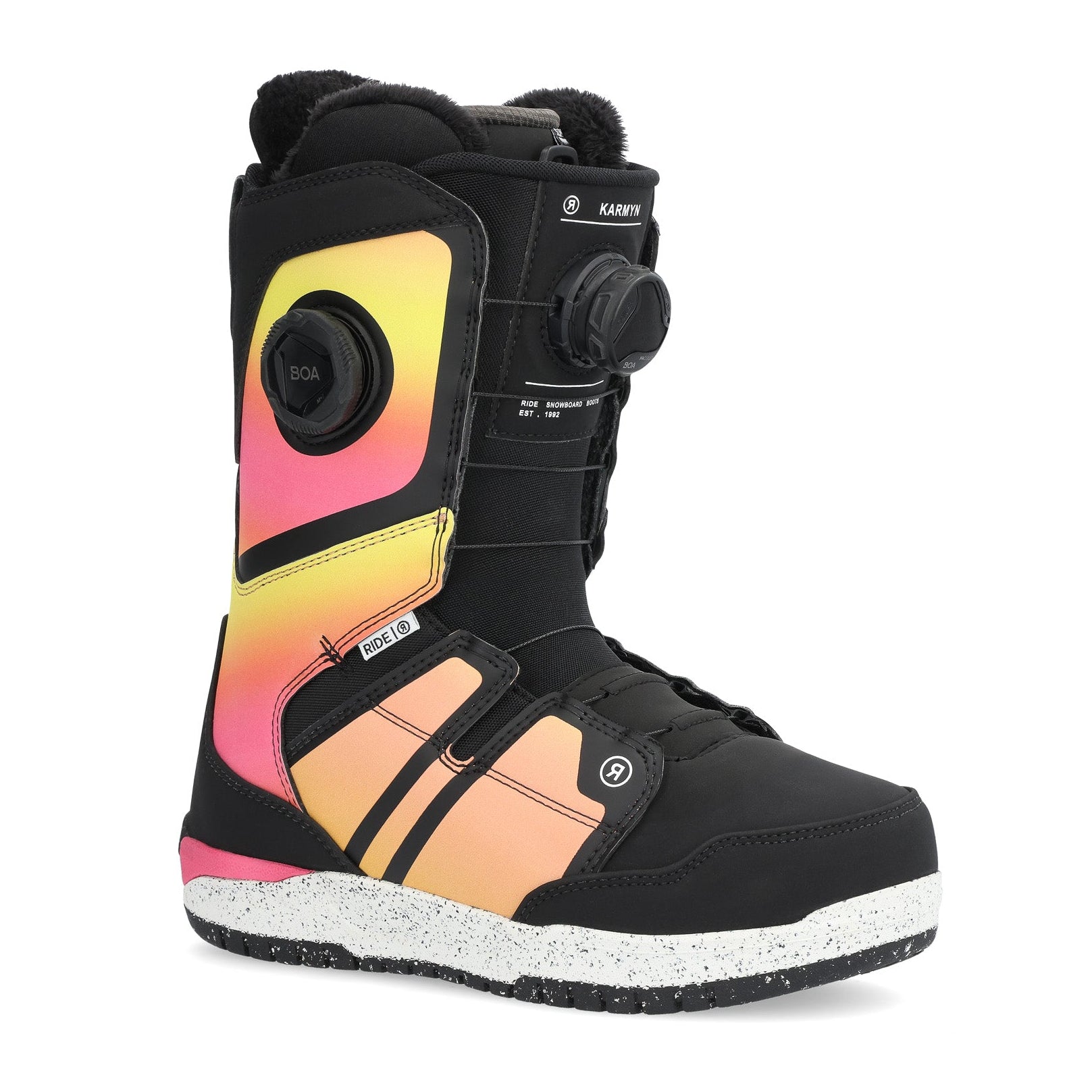 Ride Women's Karmyn Zonal Snowboard Boot 2025 - Black snowboard boot with a gradient of yellow, orange, and pink on the side panel.