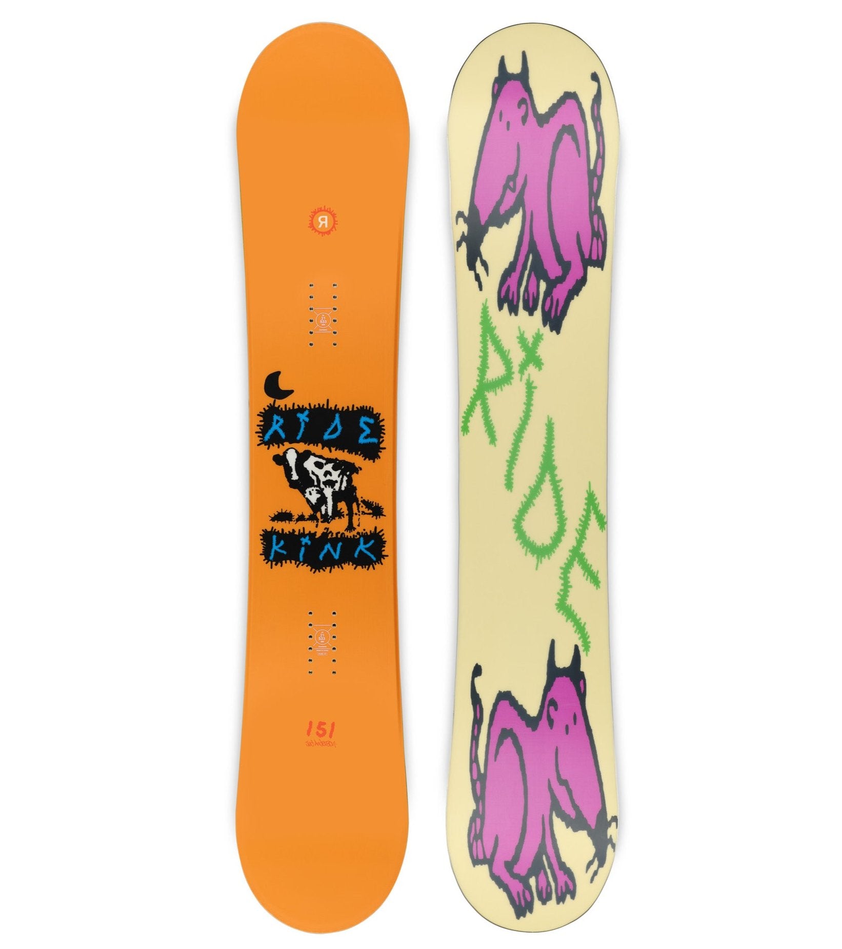 Ride Kink Snowboard 2025 - A snowboard with a black background and white lettering, featuring the brand name "RIDE" at the top and "KINK" at the bottom.