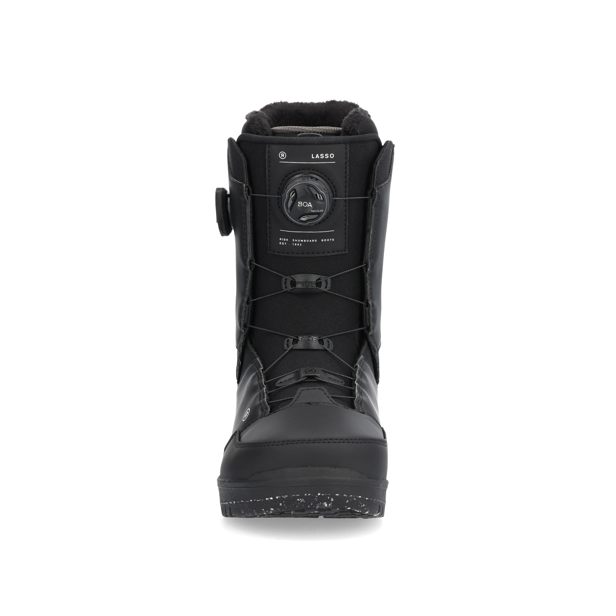 Ride Lasso Snowboard Boot 2025 - Black snowboard boots with a textured rubber toe cap and white stitching.