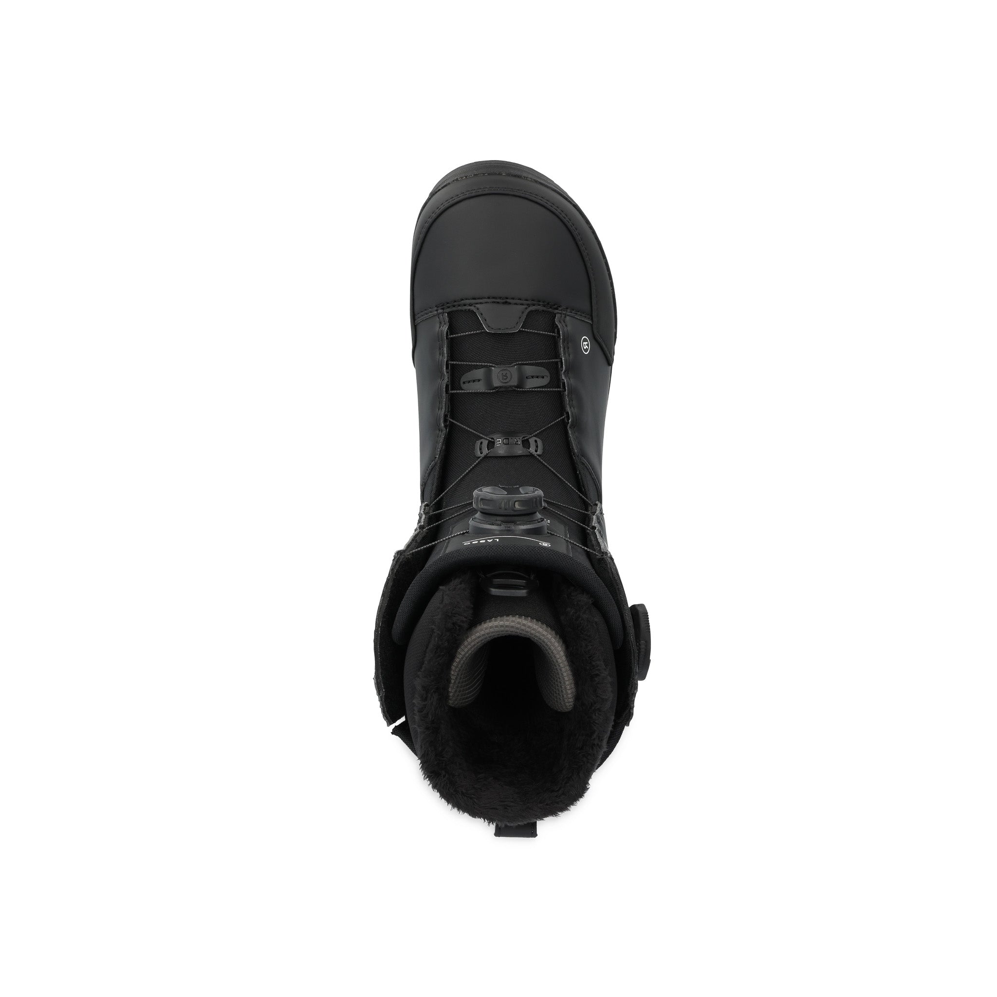 Ride Lasso Snowboard Boot 2025 - Black snowboard boot with a textured rubber toe cap and white stitching on the side.
