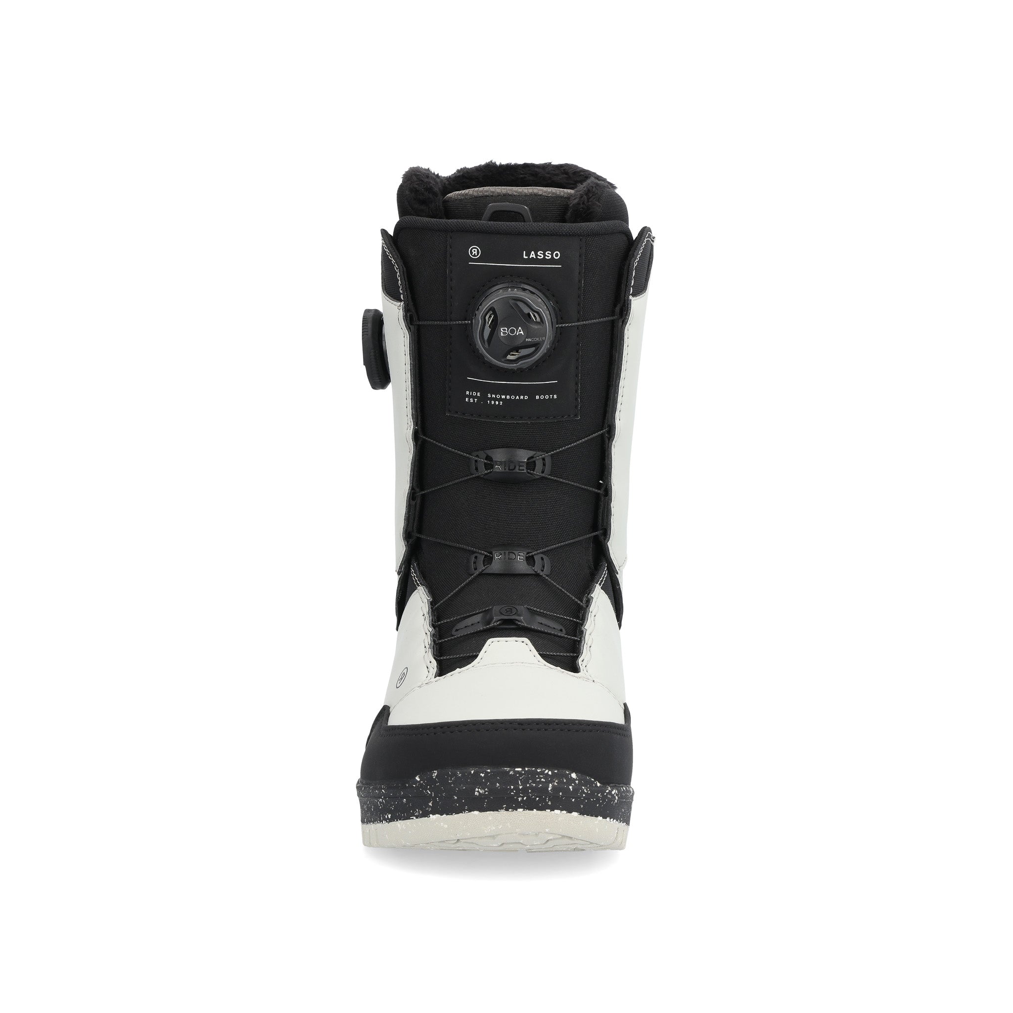 Ride Lasso Snowboard Boot 2025 - Black snowboard boot with white accents and a black strap on the side.